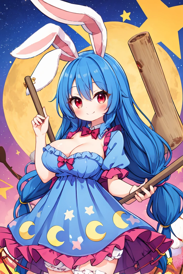 blue dress breasts, long hair, blue hair, rabbit ears, animal ears, frills, red eyes, looking at viewer, blush, crescent print, star print, smile, kine, holding a mallet