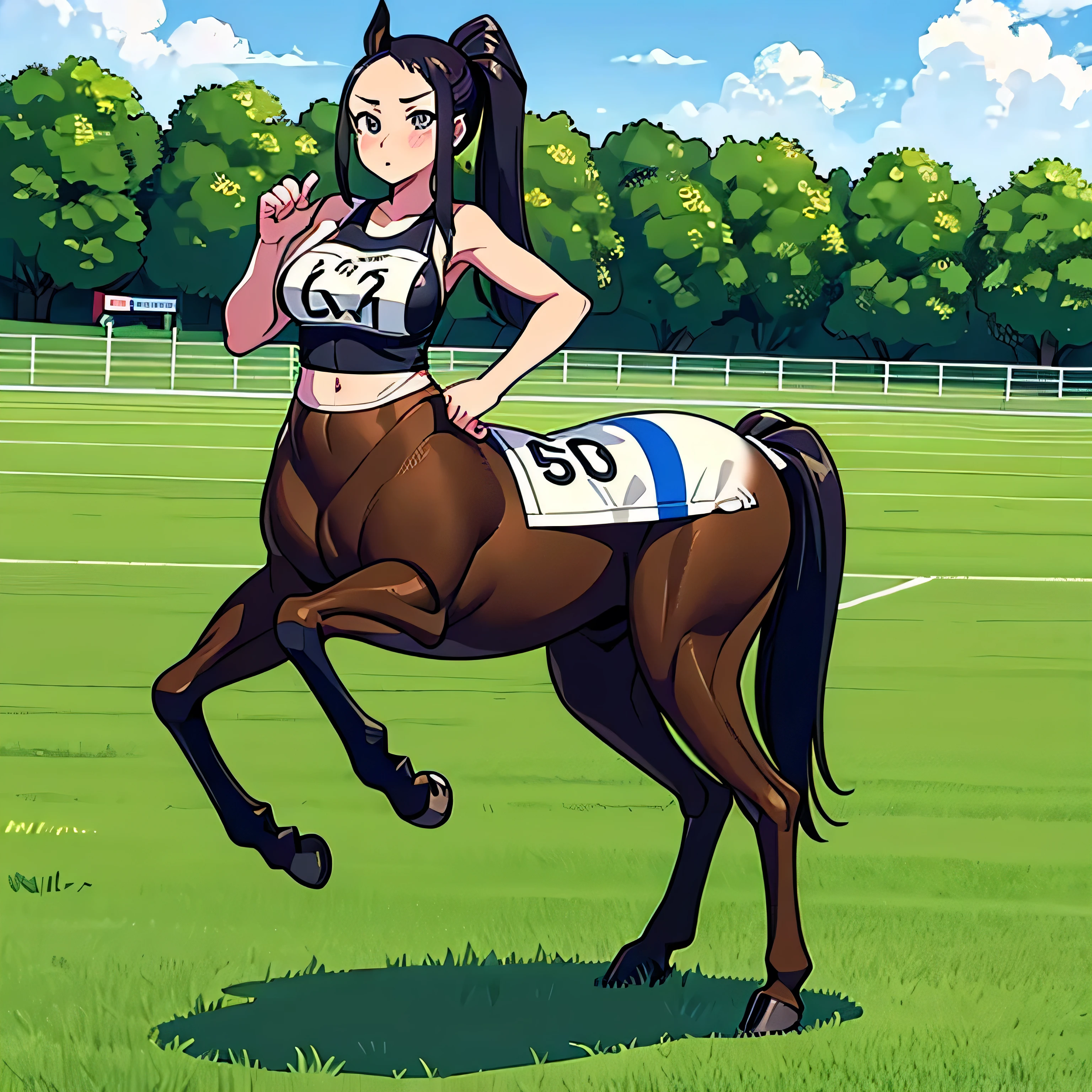 Many Centaur Women.
 They are all athletes.
 All participants are wearing numbered bibs..
 Her hairstyle exposes her forehead.
 Masterpiece,
 
 Everyone talking in the paddock before the race