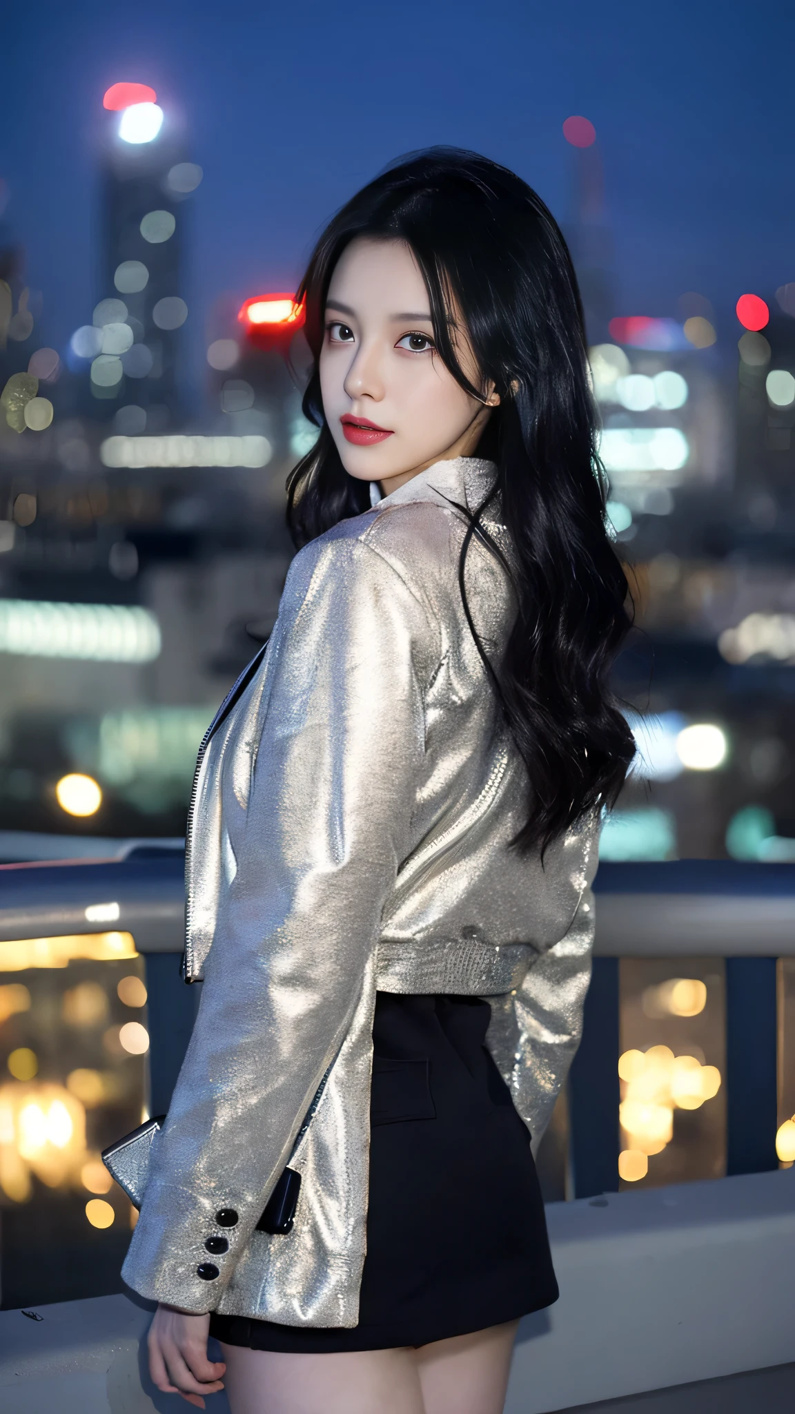 ((midnight, best quality, 8 thousand, masterpiece :1.3)), (enlargement), sharp focus, pretty girl with perfect body, ((black hair, )), ( jacket, short skirt, standing), ((big city view, rooftop)), Highly detailed face and skin textures, detailed eyes, double eyelid, CG rendering, Blurred background, deep shadow, 16K, Very detailed, wallpaper, depth of field, movie light, lens flare, Ray tracing.