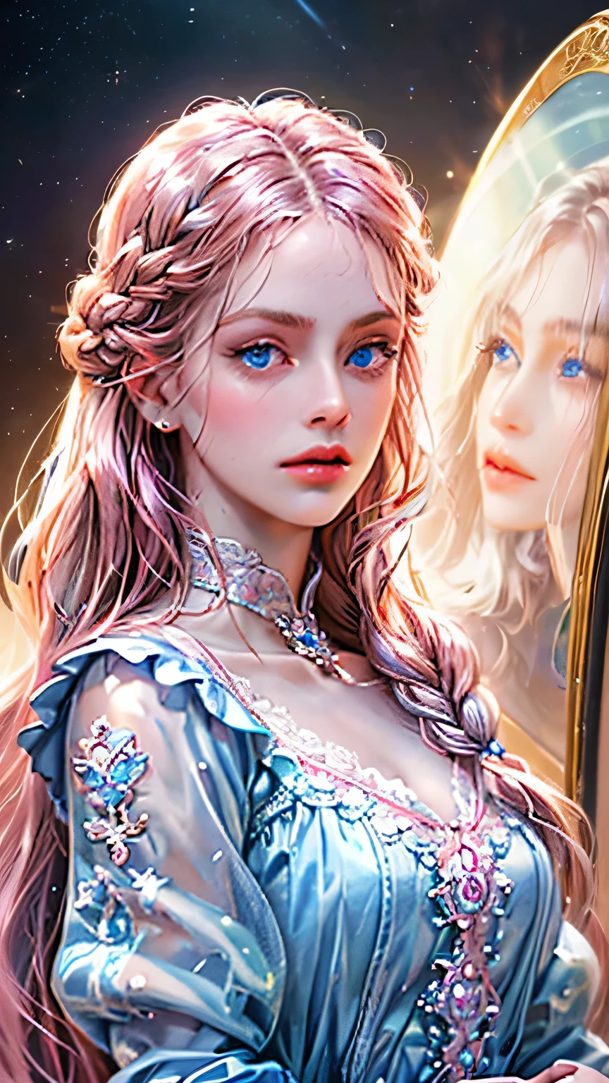 (Absurd, High resolution, Super detailed, High resolution), masterpiece, highest quality, Mature Heroine, Detailed face, Beautiful face with decorative details (Pink braided hair) (blue eyes), Pink details , White touches and small pink outlines,There is a pink magic mirror in the palace, detailed characters, Detailed celestial location of the Goddess, Laplace, Detailed Background