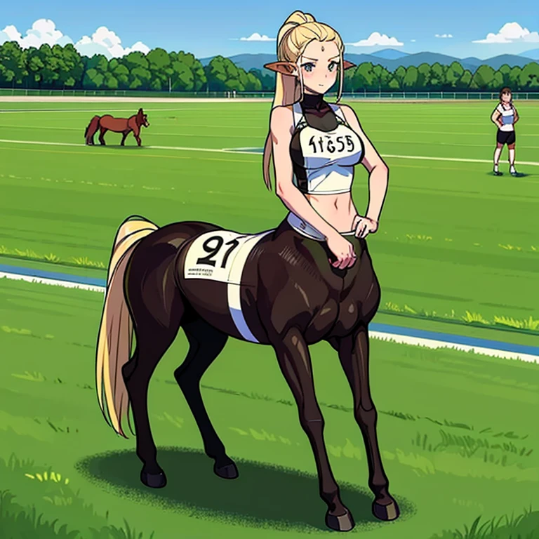 Many Centaur Women.
 They are all athletes.
 All participants are wearing numbered bibs..
 Her hairstyle exposes her forehead.
 Masterpiece,
 
 Everyone talking in the paddock before the race