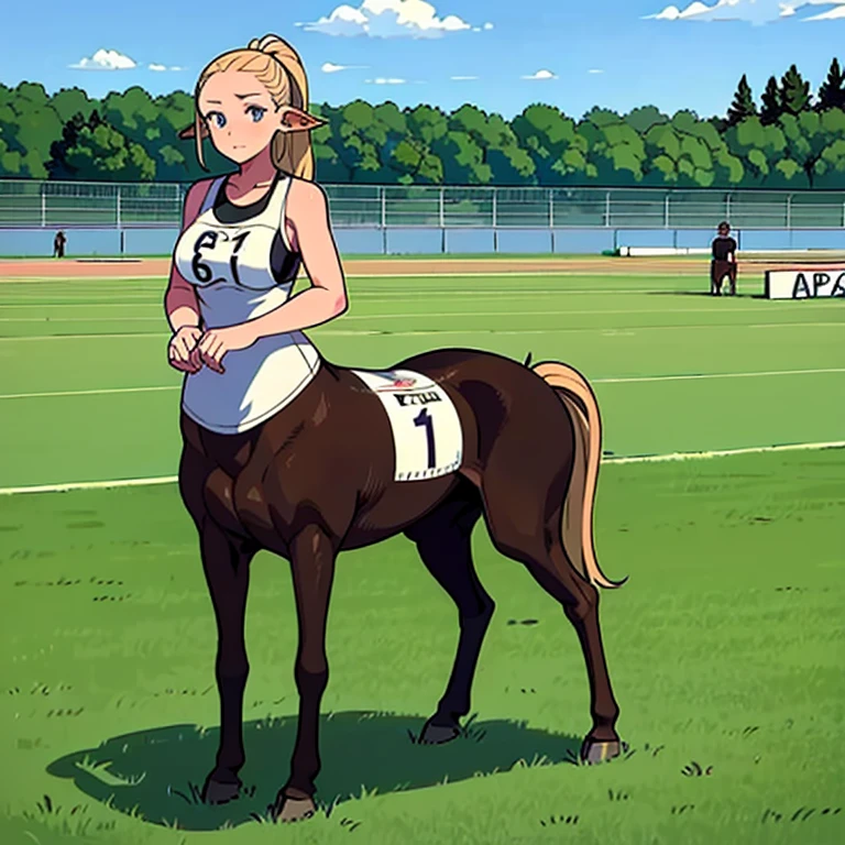 Many Centaur Women.
 They are all athletes.
 All participants are wearing numbered bibs..
 Her hairstyle exposes her forehead.
 Masterpiece,
 
 Everyone talking in the paddock before the race