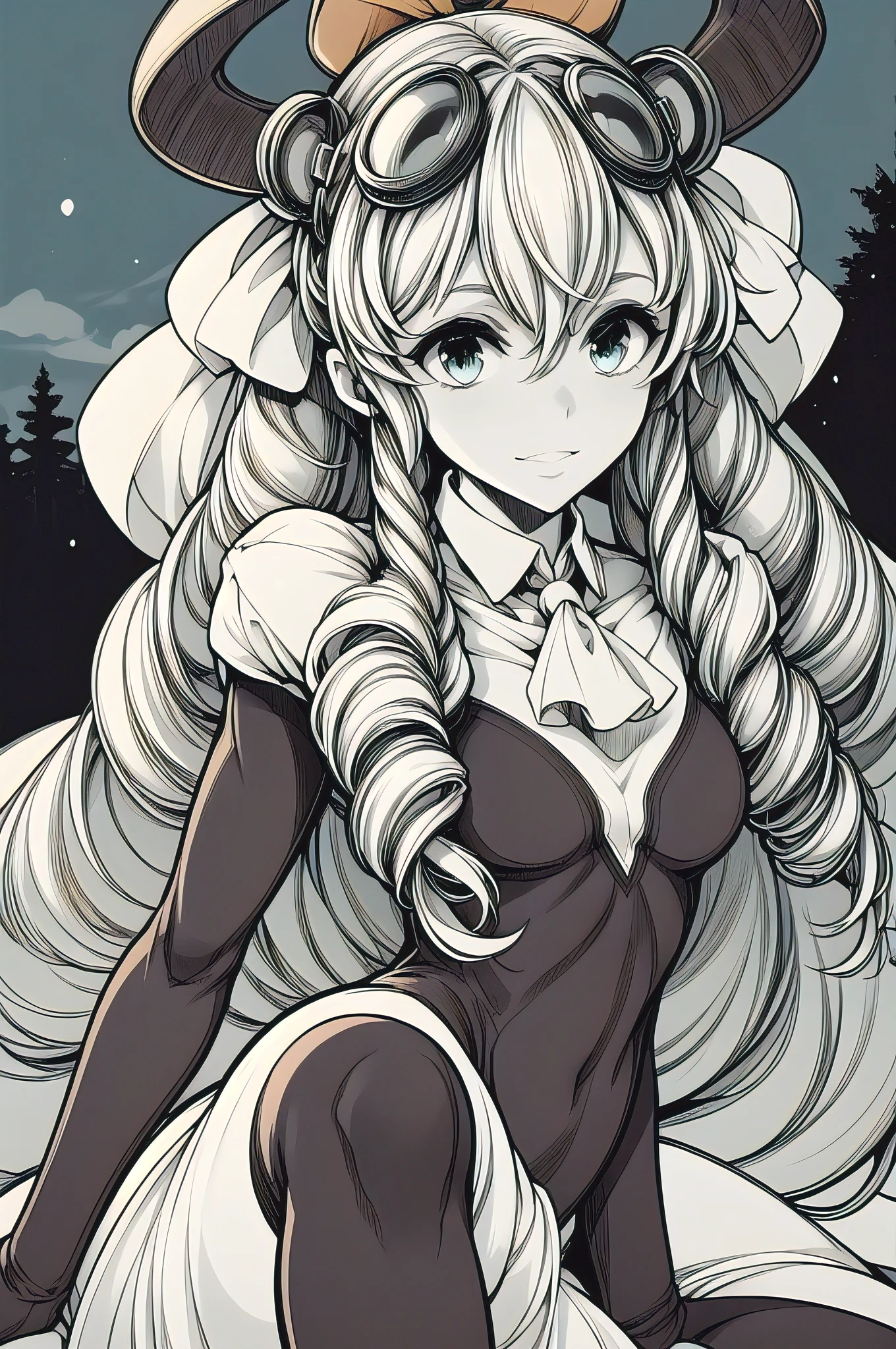 maria balthasar white skirt, (masterpiece, best quality:1.2), solo, 1girl, Maria, dark skin, expressionless, looking at viewer, ahoge, bodysuit, outer space, (dynamic pose:1.0),happy,smile,(centered,scale to fit dimensions,Rule of thirds), ((snowy pine forest at night)), with dark stormy clouds,winter,scenery:1.25,((snow forest background)),Christmas tree, highres,sharp focus,(ultra detailed,extremely detailed),(((vibrant colors,vibrant theme))),(intricate),(masterpiece),(best quality), sitting
