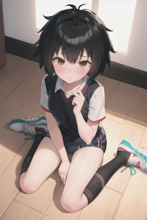 1girl, Peni parker\(spider verse\), gym uniform, buruma, kneehighs, sneakers, wariza, from above, wooden floor, blush, glaring, depth of field, masterpiece