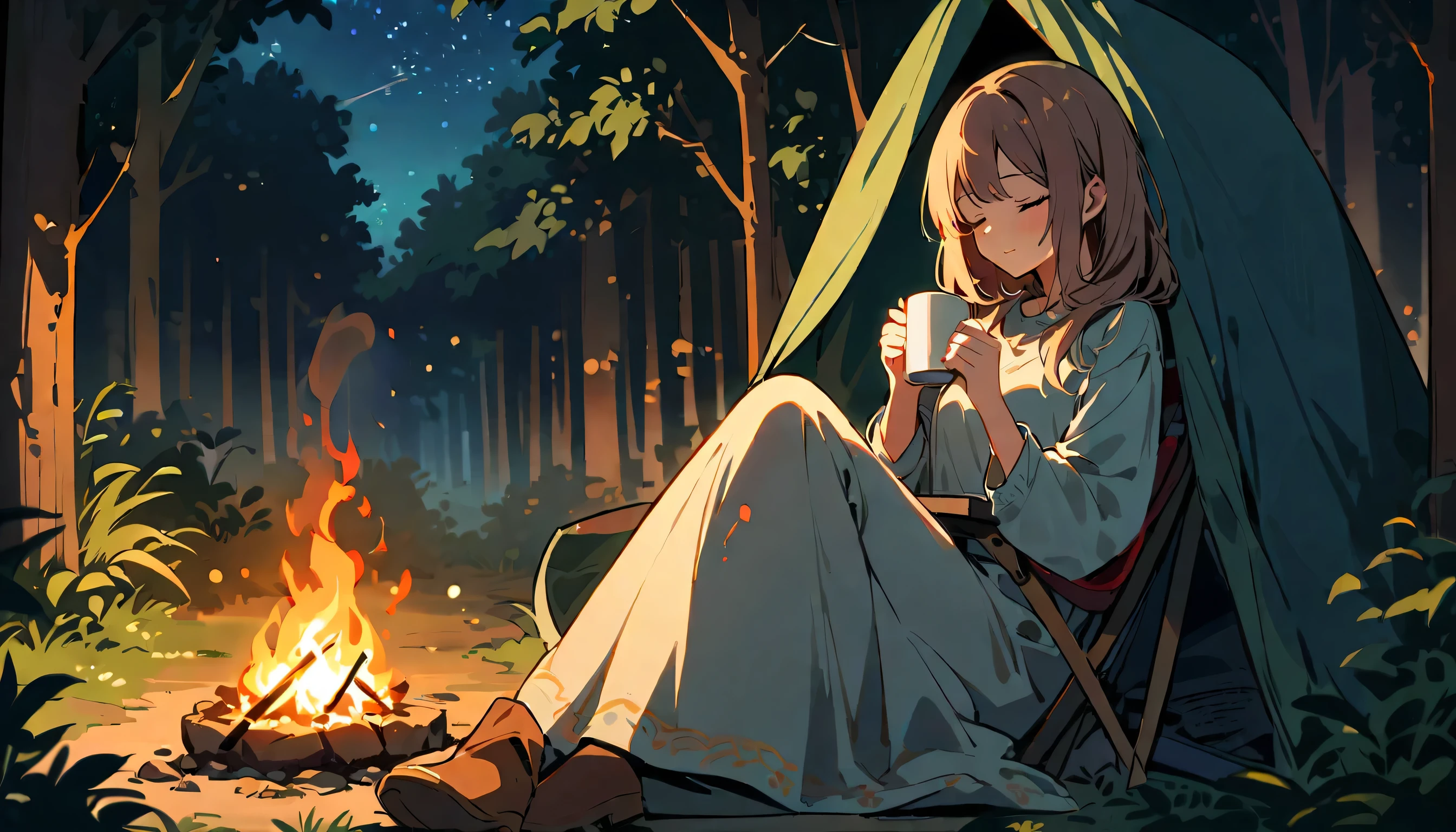 Outdoor,night,Girl sitting by a campfire,Beautiful Face,Close your eyes,tent,Pleasant atmosphere,Warm Light,A night sky full of stars,Crackling Fire,The background is a forest,Natural scenery,peaceful,Smoke rising from the fire,relax,comfortable camping chair,Hand holding a mug of hot coffee,A soft blanket on your lap,The delicate details of a girl'Clothes,Subtle warm colors,surrounded by nature,peaceful,Overnight camping,An unforgettable experience