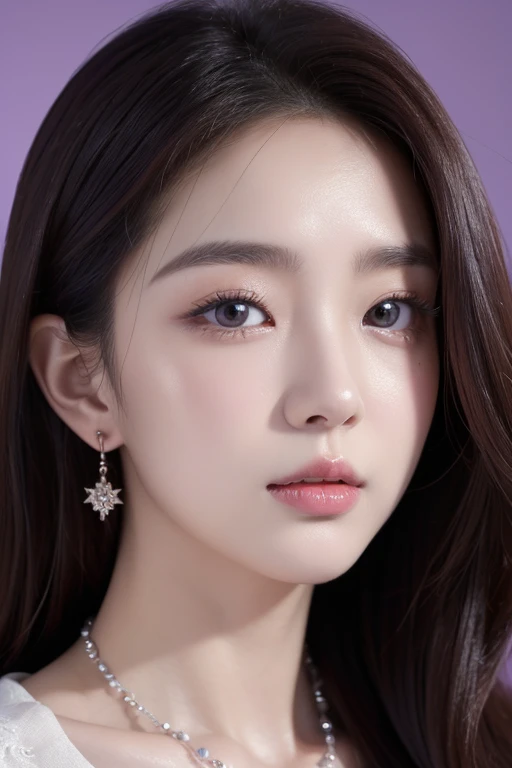 （（highest quality，8k，masterpiece：1.3）korean girl christmas drawing，She has a kind and elegant personality。Her eyes are bright、I was concentrating，close your eyes、Open your mouth wide、With a pained look on his face、take care of，Hair is purple，Wear purple gemstone necklace and earrings。Portrait of