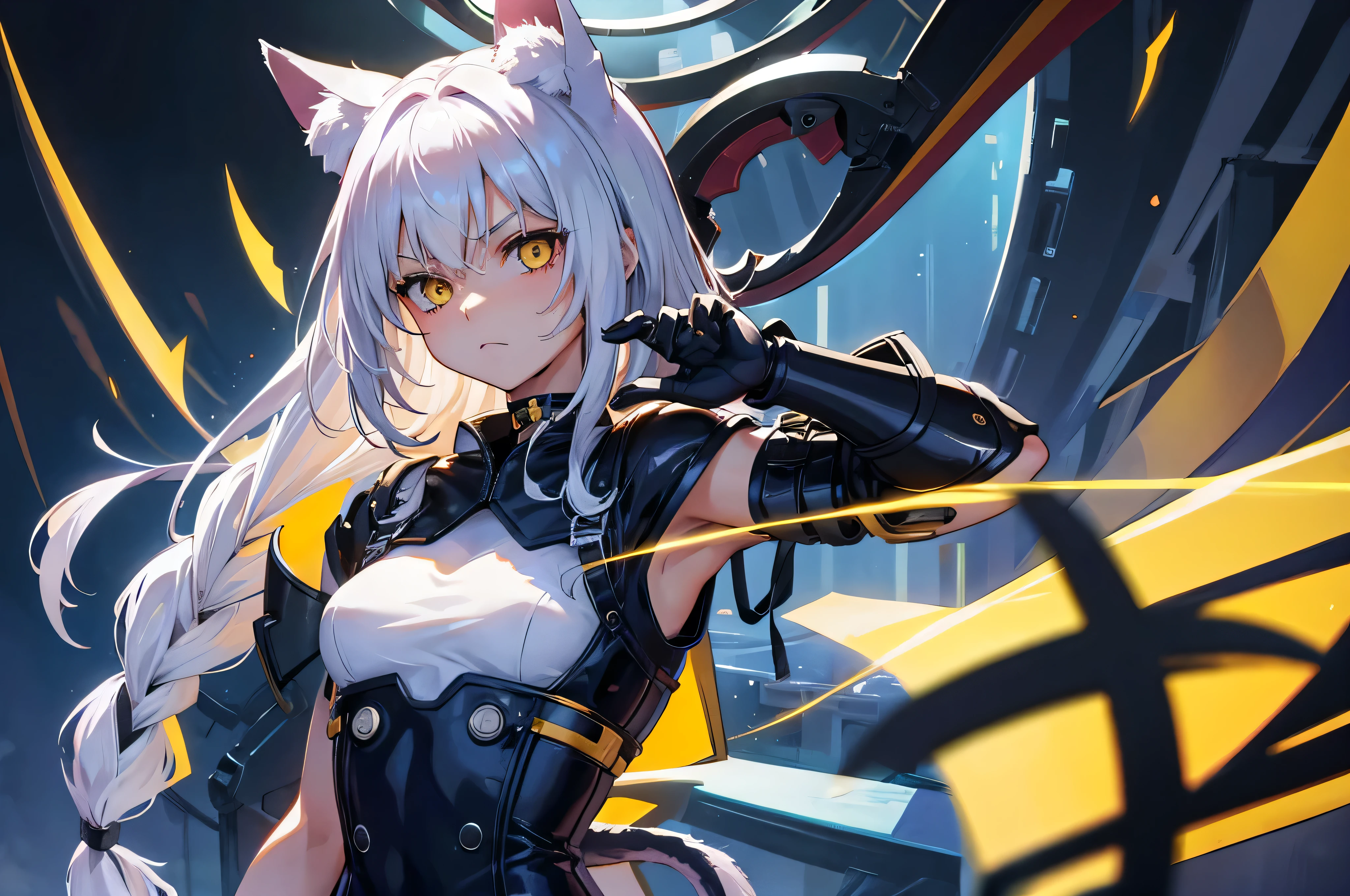 Anime girl with long white hair and black and yellow outfit - SeaArt AI