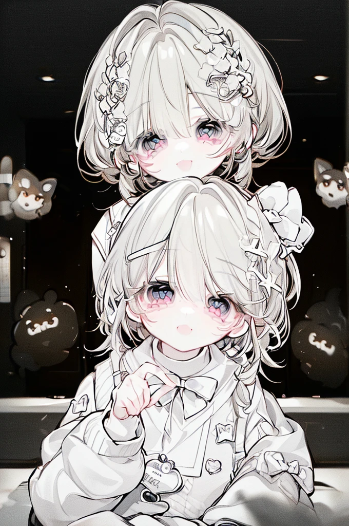 (best quality,4K,8k,high resolution,masterpiece:1.2),Super detailed,(Practical,photoPractical,photo-Practical:1.37),portrait,Kawaii,white hair,Shy,Introverted girl,Pink Cheeks,Innocent eyes,Lovely smile,Cute kitten ears,Wearing a cozy pink sweater and bow tie,Sitting sideways,Fingers crossed,White background.