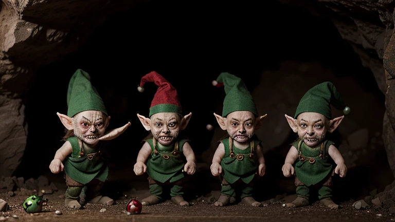 Create the image of 4 terrifying and ugly elves in a creepy cave