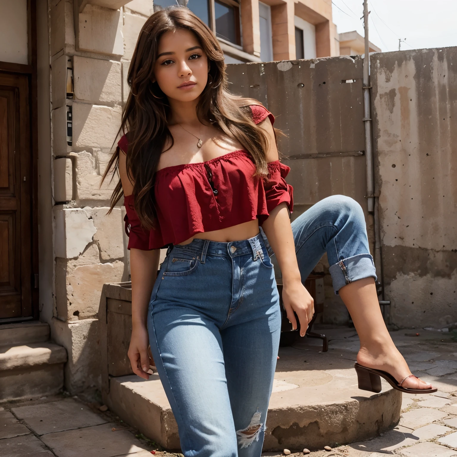 Muejer hermosa cabello rojo vestida formal con jeans y un sobretodo