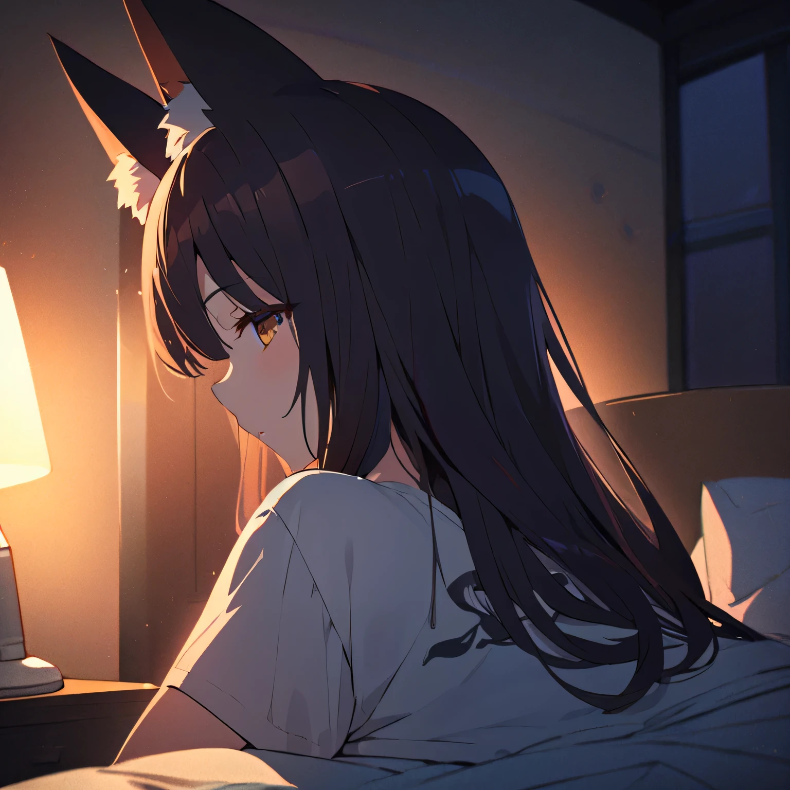 Anime girl, half body portrait, wearing fox t-shirt, getting ready to sleep, bedroom, Night time,POV, ultra HD, Ultra detail