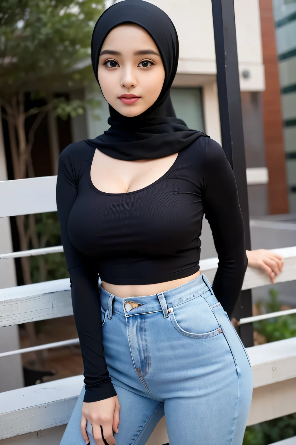 RAW, (Best quality, high resolution, work: 1.3), Beautiful Indian model in hijab, perfect fit body, (Big breasts) , Beautiful big eyes, Soft smile, beautiful face, slightly open mouth, thick thighs, beautiful buttocks, , beautiful big eyes , gentle smile, beautiful girl, detailed face, Muslim woman in a hijab leaning on a railing, hijab, with beautiful exotic, casual pose, women full body, attractive pose, casual modern clothing, instagram post, casual photography, malaysian, monochrome, casual clothing style, beautiful girl, wearing black tight clothing, wonderful masterpiece, with lovely look, beautiful female 