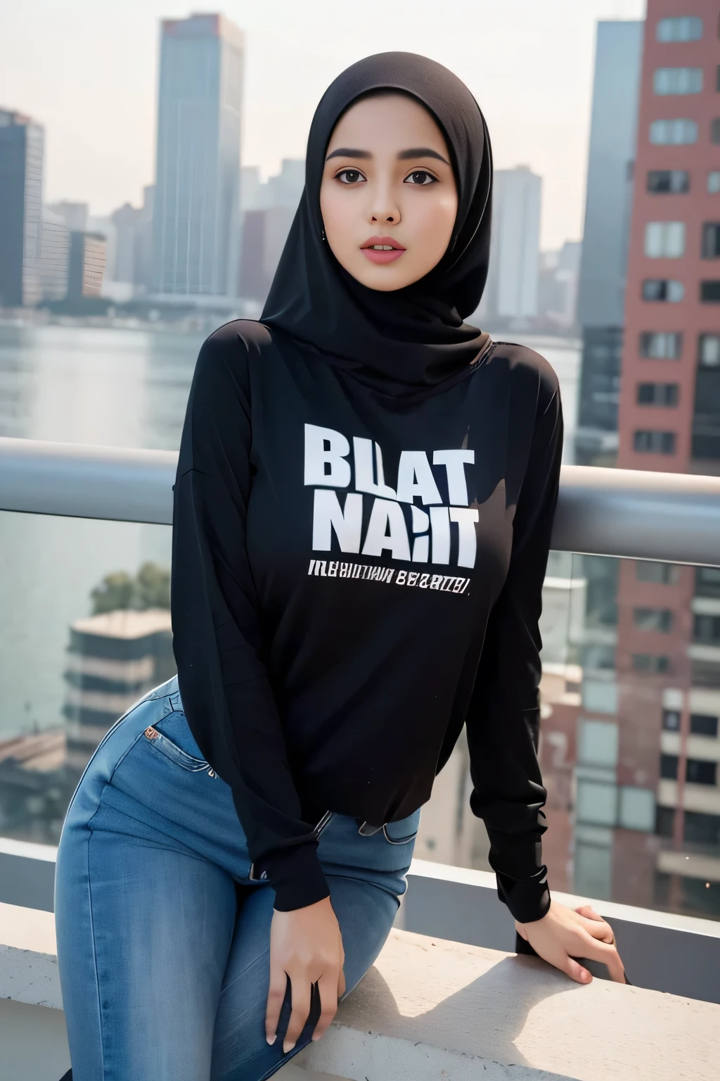 RAW, (Best quality, high resolution, work: 1.3), Beautiful Indian model in hijab, perfect fit body, (Big breasts) , Beautiful big eyes, Soft smile, beautiful face, slightly open mouth, thick thighs, beautiful buttocks, , beautiful big eyes , gentle smile, beautiful girl, detailed face, Muslim woman in a hijab leaning on a railing, hijab, with beautiful exotic, casual pose, women full body, attractive pose, casual modern clothing, instagram post, casual photography, malaysian, monochrome, casual clothing style, beautiful girl, wearing black tight clothing, wonderful masterpiece, with lovely look, beautiful female 