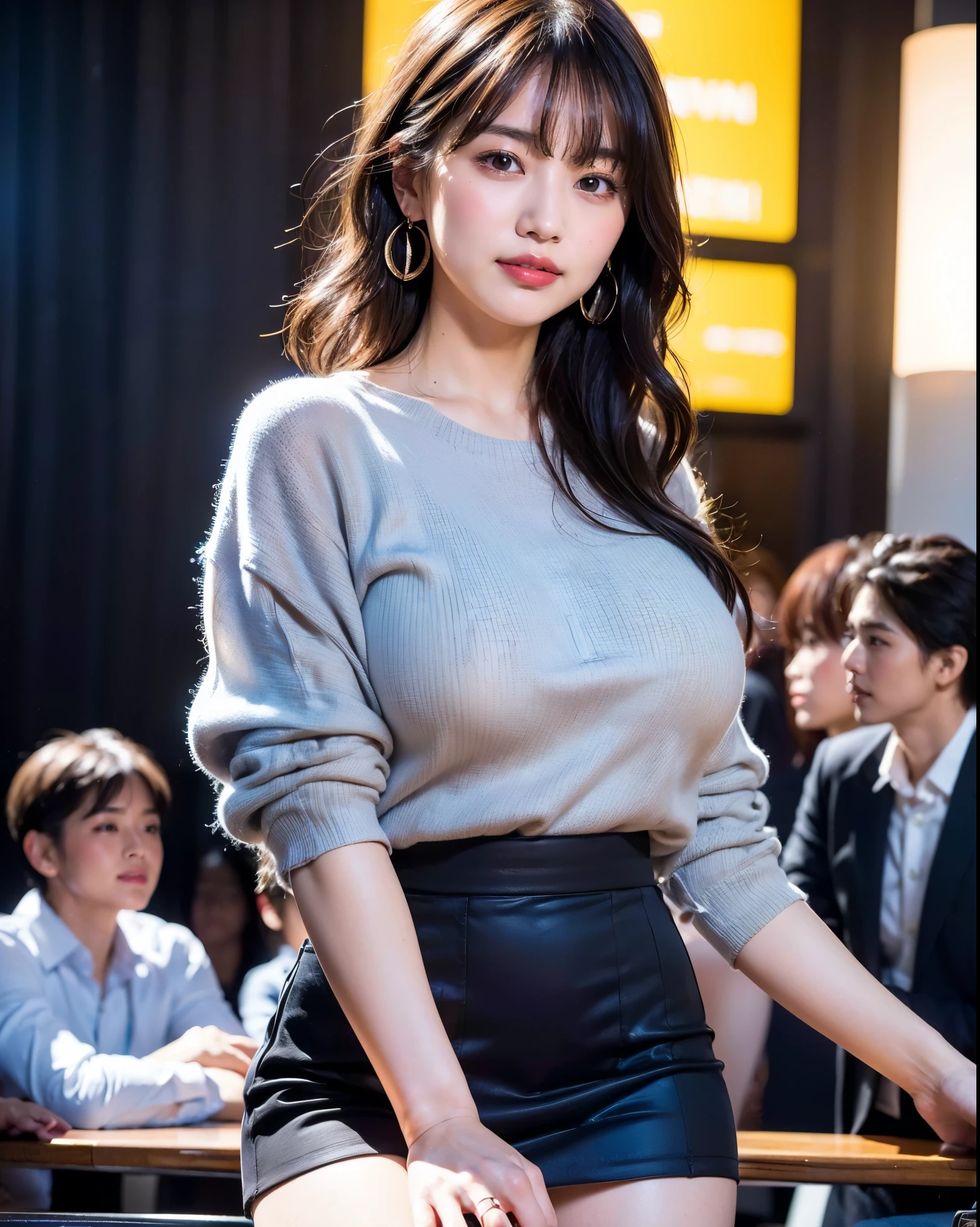 (8k, RAW Photos, highest quality, masterpiece:1.2), Super Resolution, (Realistic, Realistic Photo:1.37), Head to toe, High-resolution RAW color photos, Professional photos, Very detailed, 8k wallpaper, Very detailed美少女, Very detailed顔, Very detailed目, Very detailed肌, Very detailed指, Very detailed鼻, Very detailed詳細な口 , Perfect Anatomy, Very detailed背景, Very detailed衣服, 1 girl, (18:1.2), Age 25,  Realistic body, Fair skin, Glowing Skin , Curly Hair, (bangs:1.2), smile, Cute face, Realistic face, Delicate eyes, Droopy eyes, Gunmetal grey mesh shirt, Short skirt, Earrings, Looking at the audience, Cowboy Shot, Dynamic Lighting, Very large breasts, A well-trained body