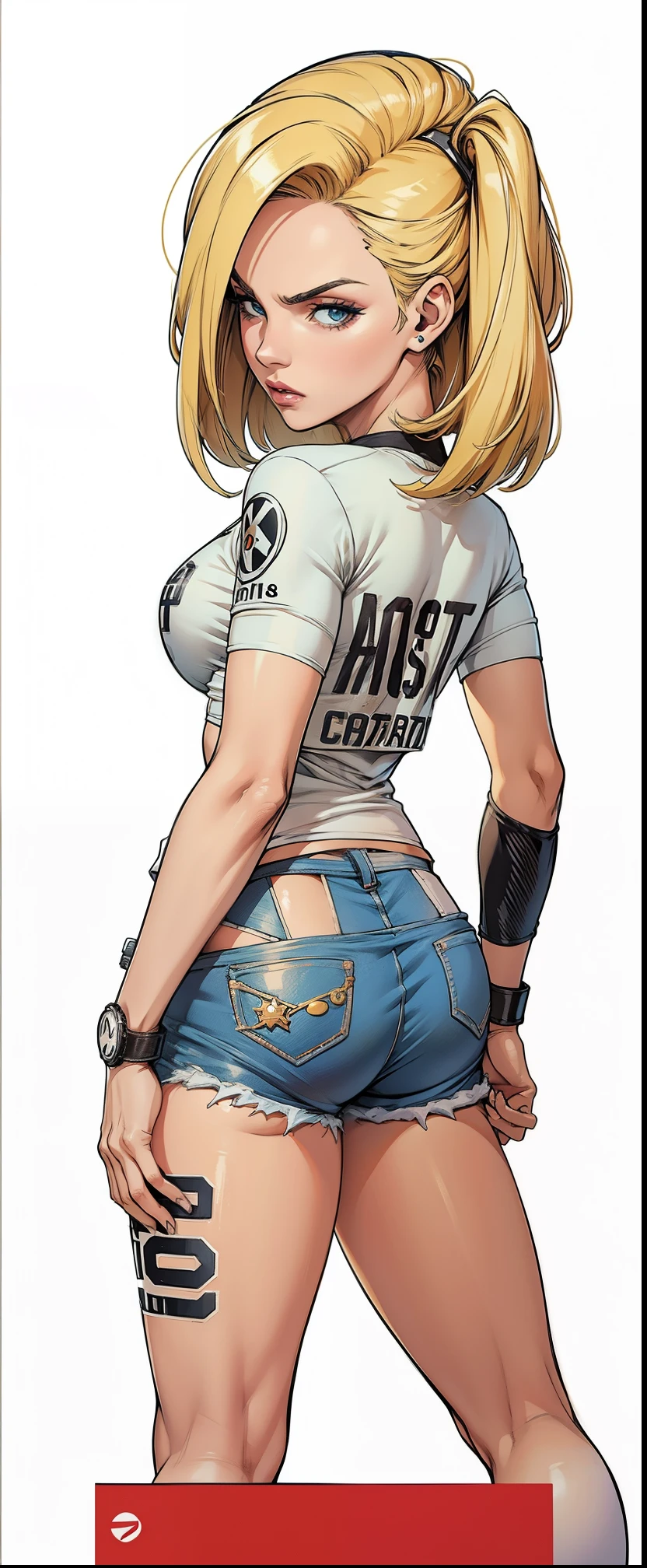 Android 18, extremamente realista, muito linda, de costas, short curto, bunda grande, pernas grossas, camiseta de time, Corinthians 