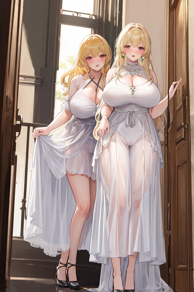 A woman with big ,Gorgeous woman,((Exhibitionism)),Expose,(Middle-aged woman),((30 years old)),transparent,Gorgeous Rococo dress,Long blond hair,Exquisite,pubic,