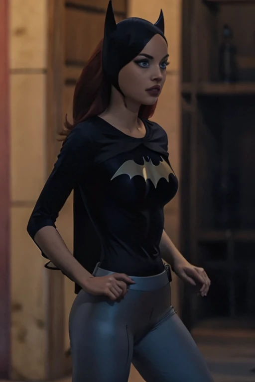 Slim young woman, full body, low legs, Legacy apartment, T-shirt, cleavage, navel showing, crotch showing, (wrinkles on leggins remarking the shape), crystal blue eyes, red hair , daylight , batgirl 