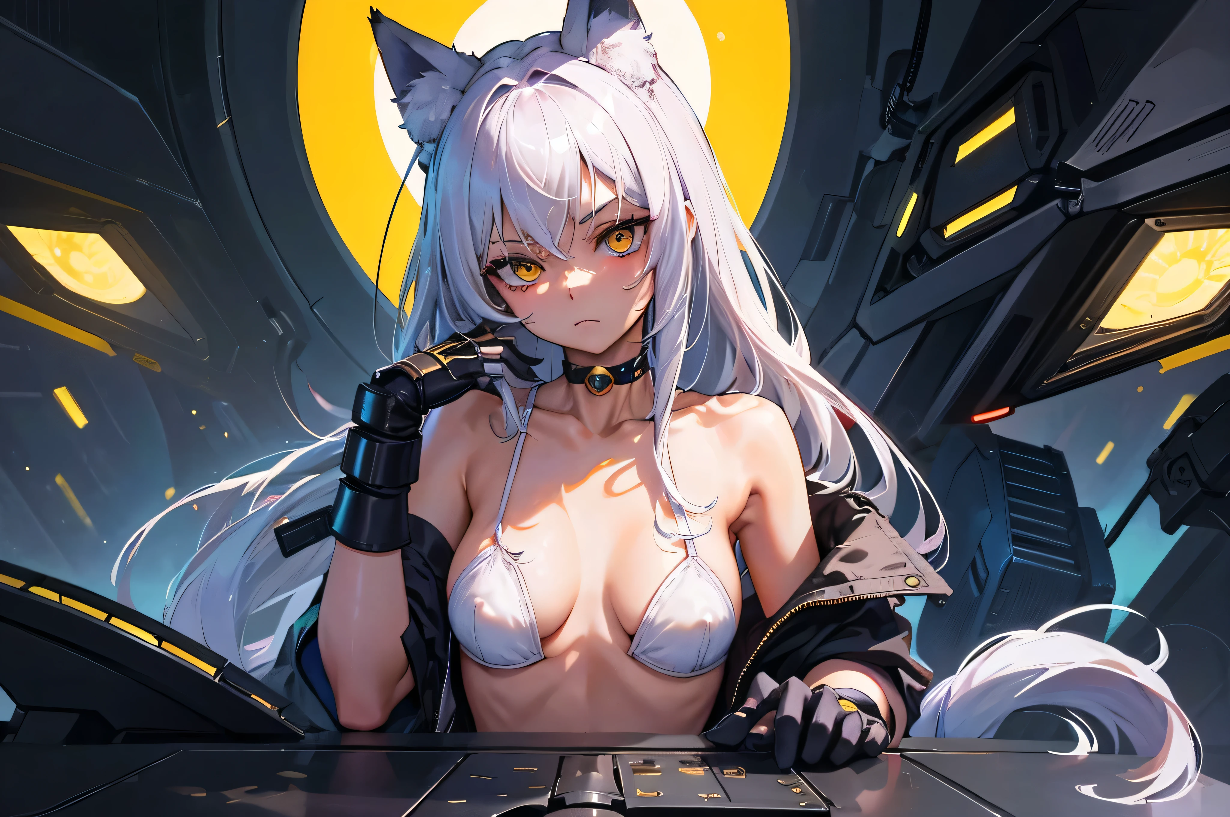 masterpiece, highest quality, Perfect Face, Highest Resolution, Highest quality,Detailed depiction of the eyes, foxy 1 girl, young, skinny body, White Hair, Long Hair,one side braid grated, Cat ear, Big cat eyes, Yellow Eyes, cyber punk, navy blue mechanical arm guard, navy blue mechanical leg guard, Expose your shoulders, Exposing your thighs, Perfect Anatomy, Expressive, cat tail, Black ribbon choker, in the cockpit, small breasts