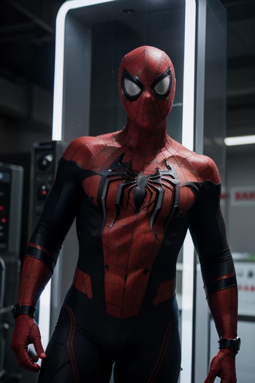 Spider man with a blue electric high-tech suit