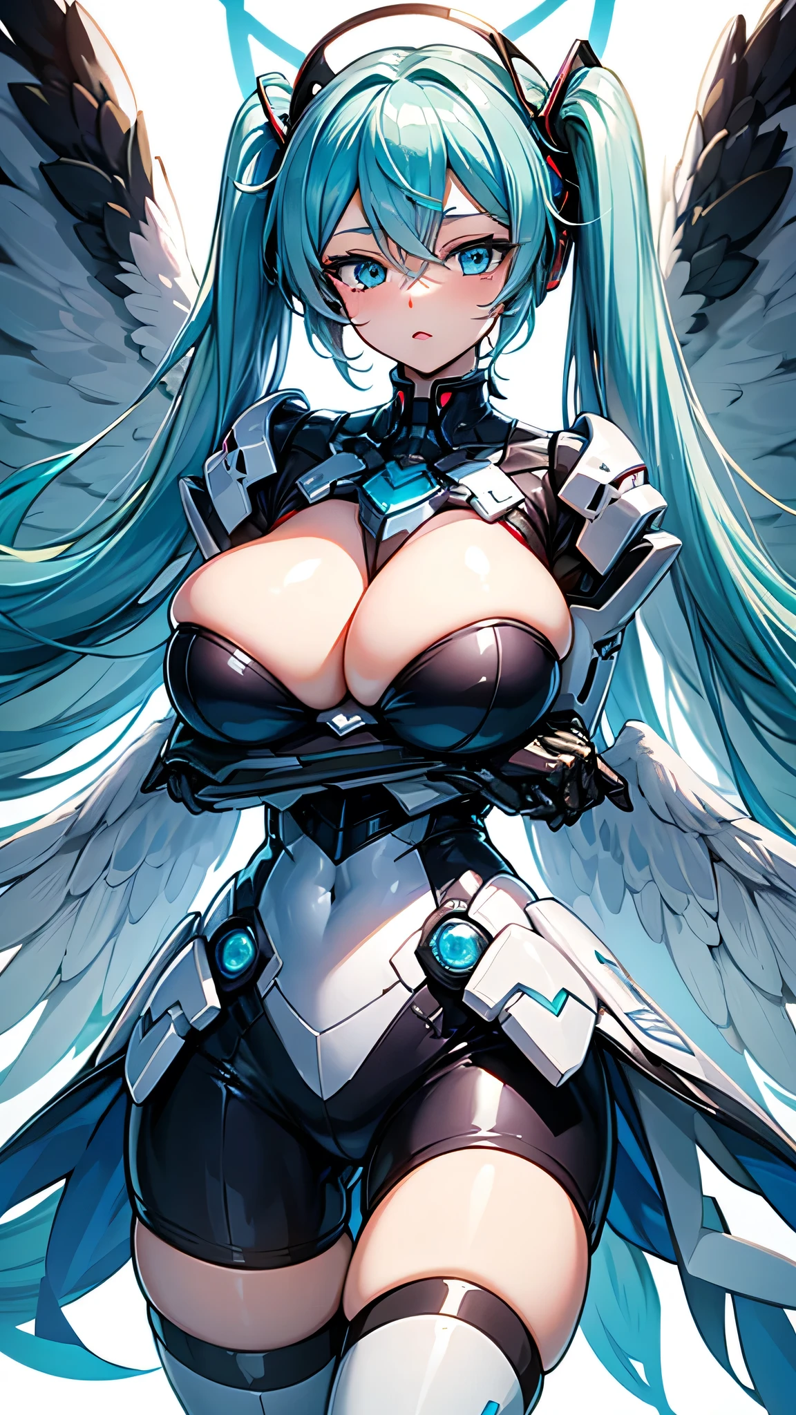hatunemiku VOCALOID, twin tails, light blue eyes, light blue hair, huge breasts, Angel wing, mecha girl,