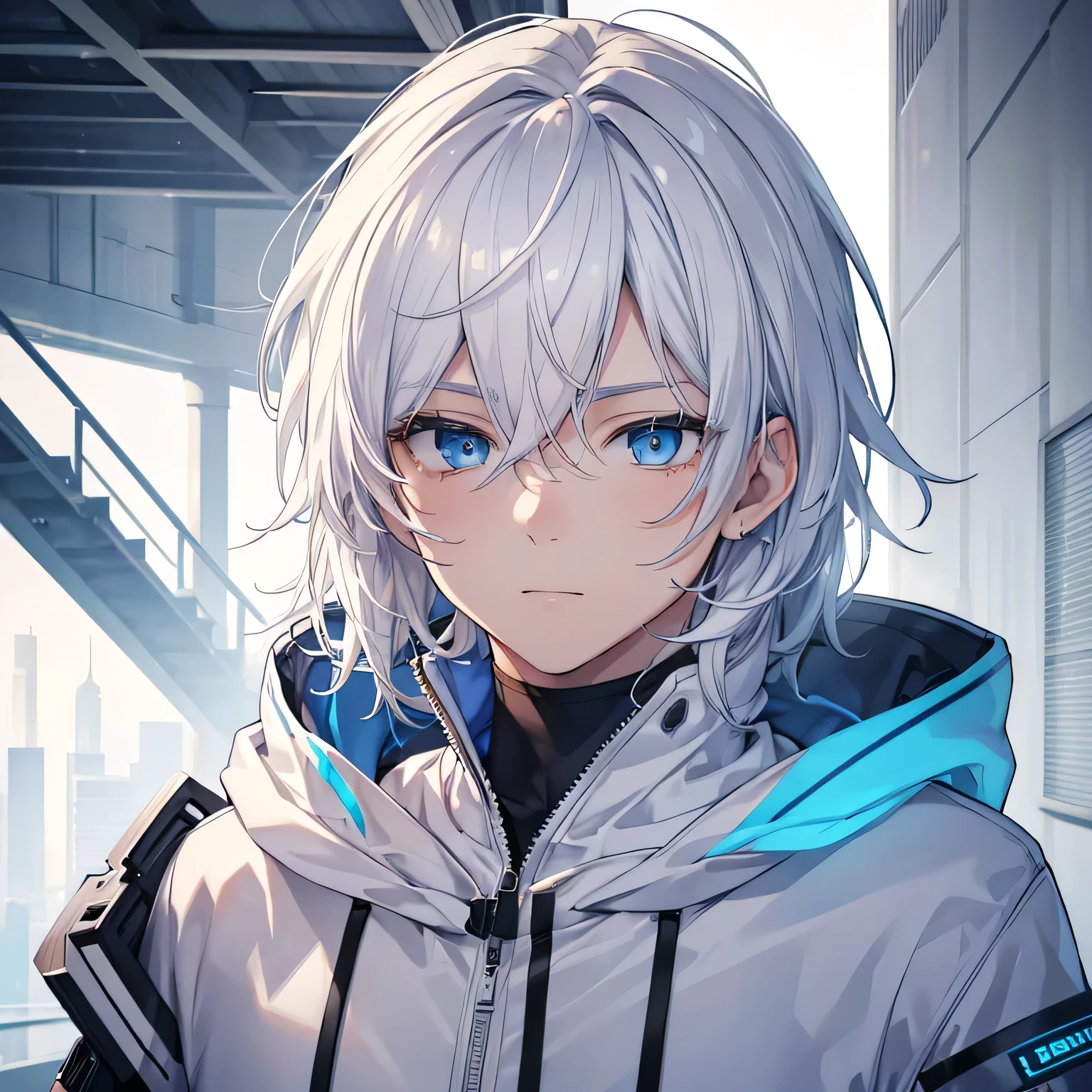 (best quality,4k,highres),ultra-detailed,realistic,physically-based rendering,portrait,white-haired,blue-eyed,attractive masculine young man with an android appearance, wearing a simple white hoodie that matches his messy hair.