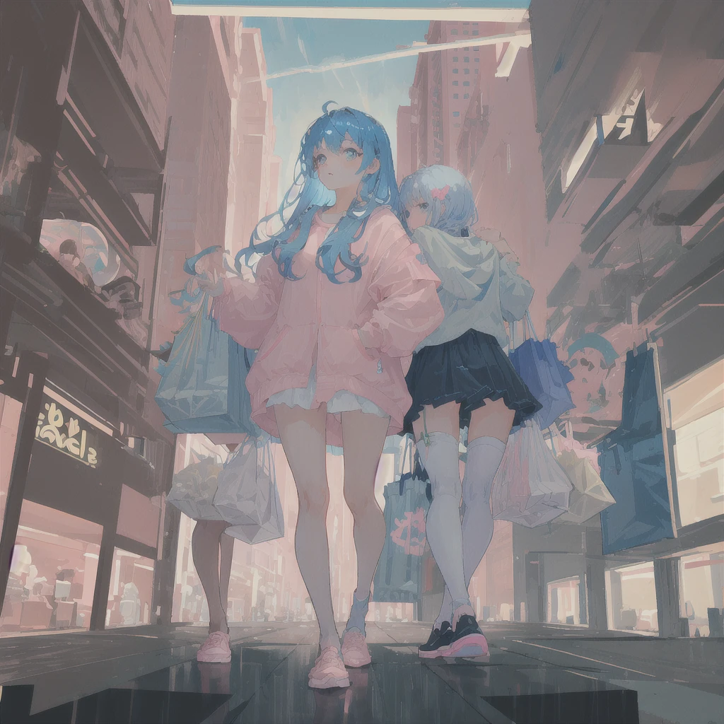 masterpiece, best quality, Girl with light blue hair, Soft pink clothes, Holding shopping bags in the mall