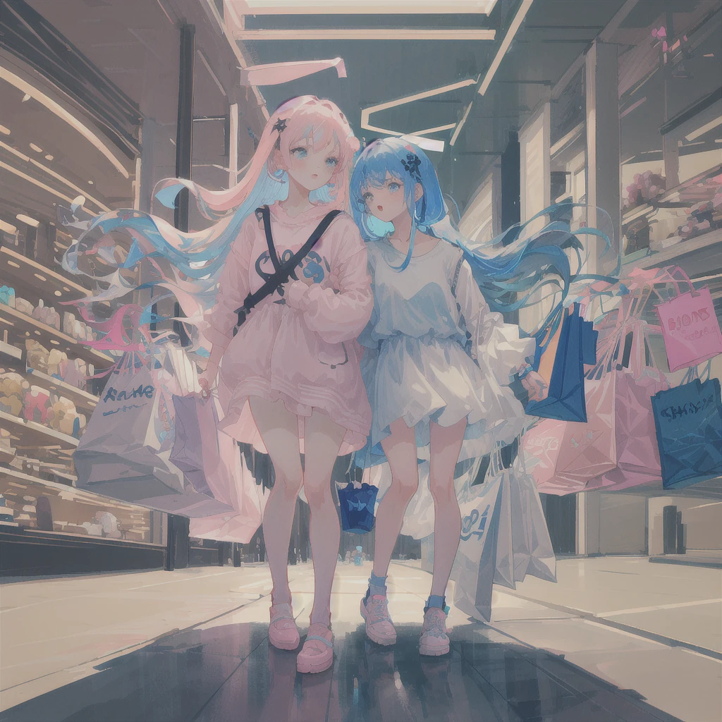 masterpiece, best quality, Girl with light blue hair, Soft pink clothes, Holding shopping bags in the mall