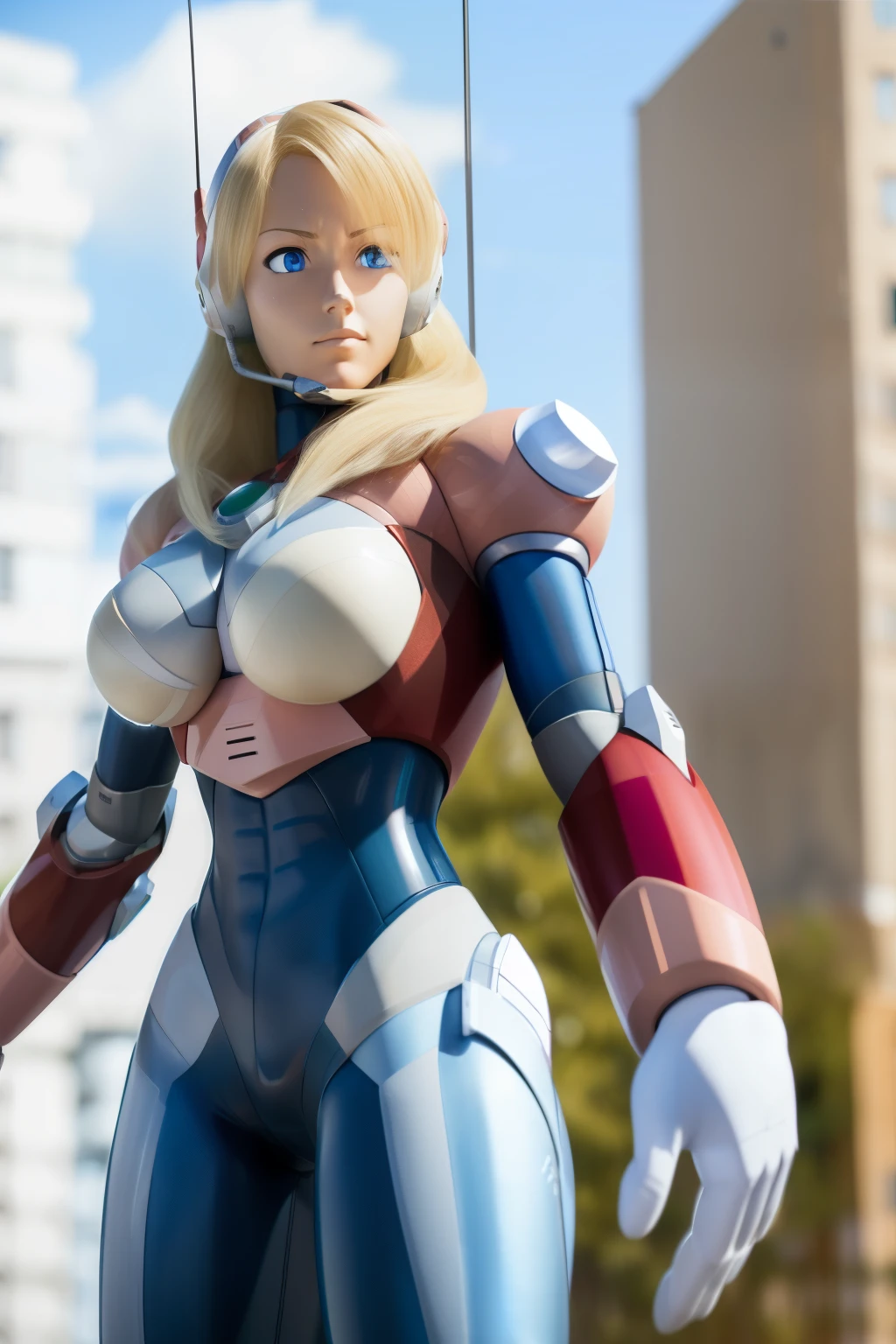 ultra detailed of a woman cyborg, 1girl, (natural skin texture, realistic eye details:1.2) alias_mega manx, alone, breasts, blue eyes, blonde hair, Android, long hair, robot ears, stand at attention, neutral stance, artwork, high quality, hypnotized, blank expression, mannequin