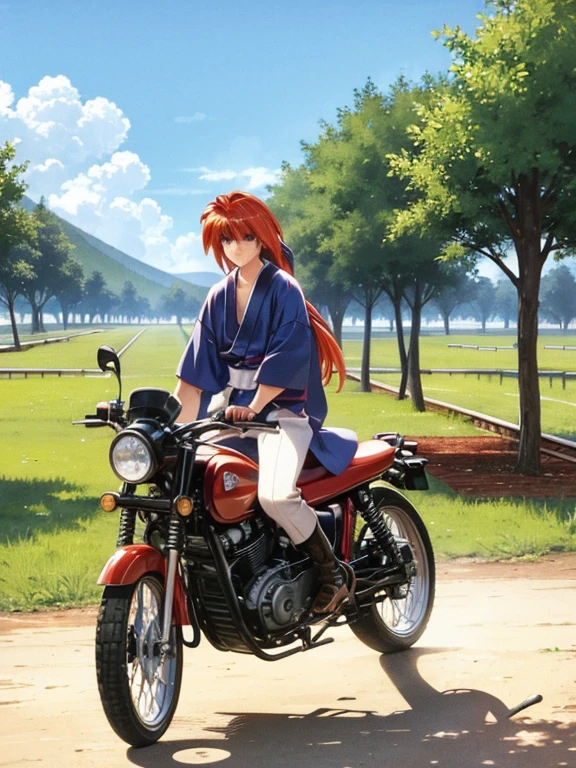 Himura Kenshin riding a horse while straddling a machine gun