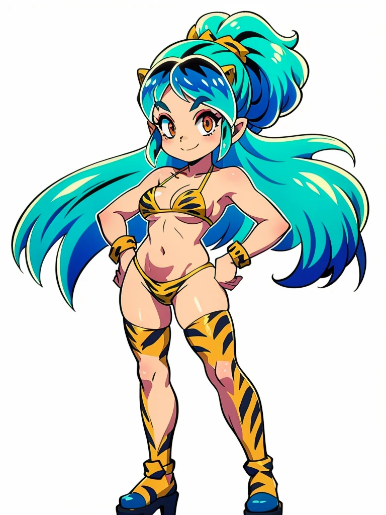  uhd, face detail, MICRO BIKINI, Lum, bikini, aqua blue hair leopard print, white background: 1.5, smile, 