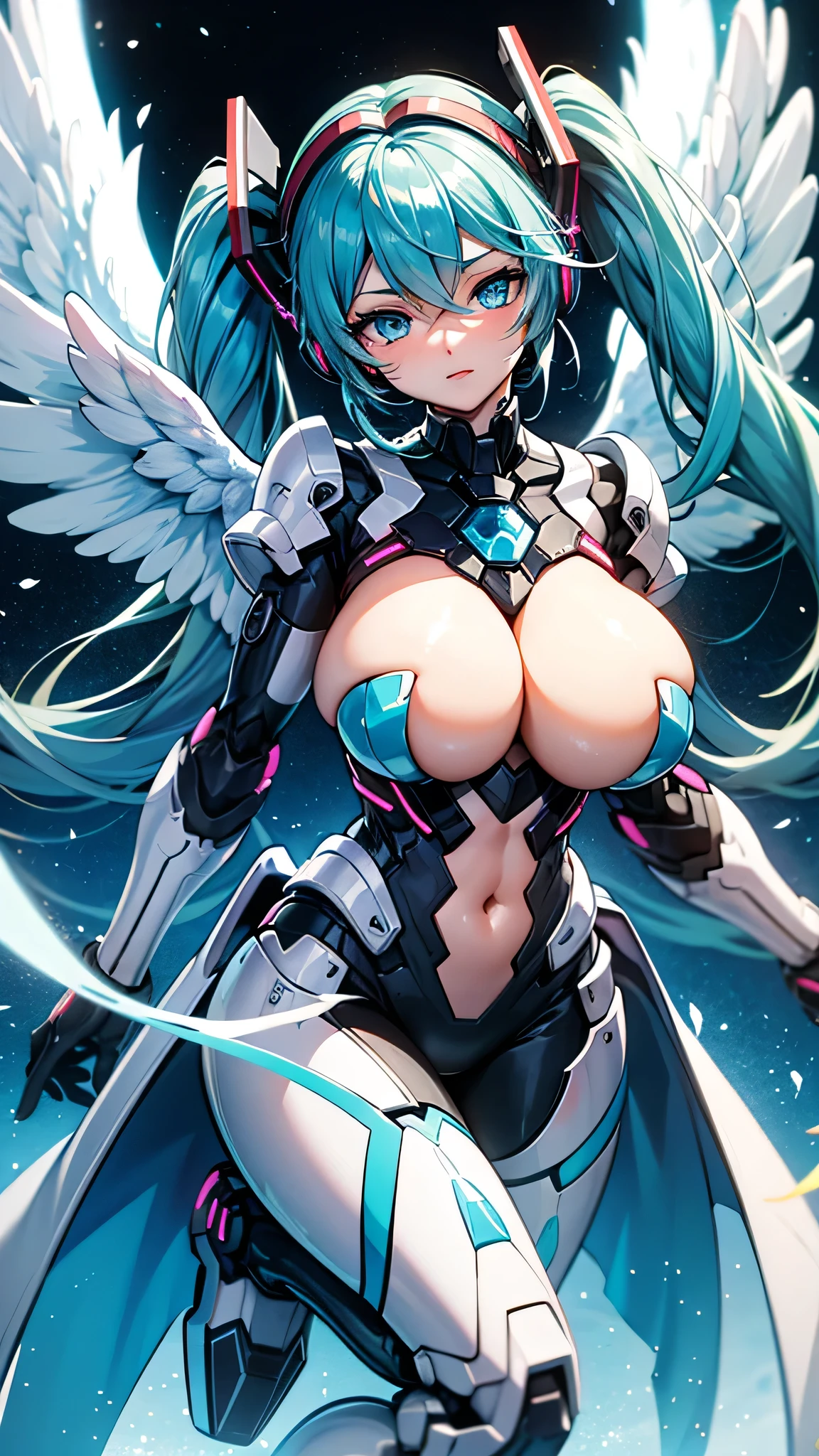 hatunemiku VOCALOID, twin tails, light blue eyes, light blue hair, huge breasts, Angel wing, mecha girl,