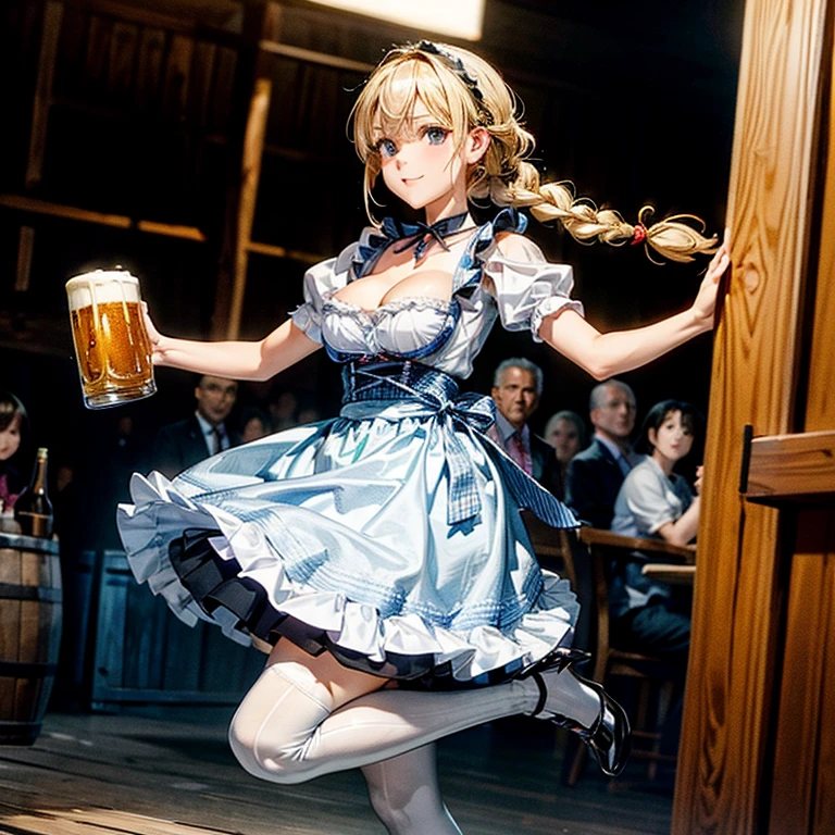 woman\(cute,kawaii,small kid,skin color white,barma1d3n,dirndl,dress,german clothes,beer,thighhighs,braid,high heels,twin braids,hold many beer mugs,big smile,(big breast),german\),background\(bavarian folk festival,outside,beer barrels,beer mug,mug,dynamic angle,dynamic pose\), BREAK ,quality\(8k,wallpaper of extremely detailed CG unit, ​masterpiece,hight resolution,top-quality,top-quality real texture skin,hyper realisitic,increase the resolution,RAW photos,best qualtiy,highly detailed,the wallpaper,cinematic lighting,ray trace,golden ratio,\),