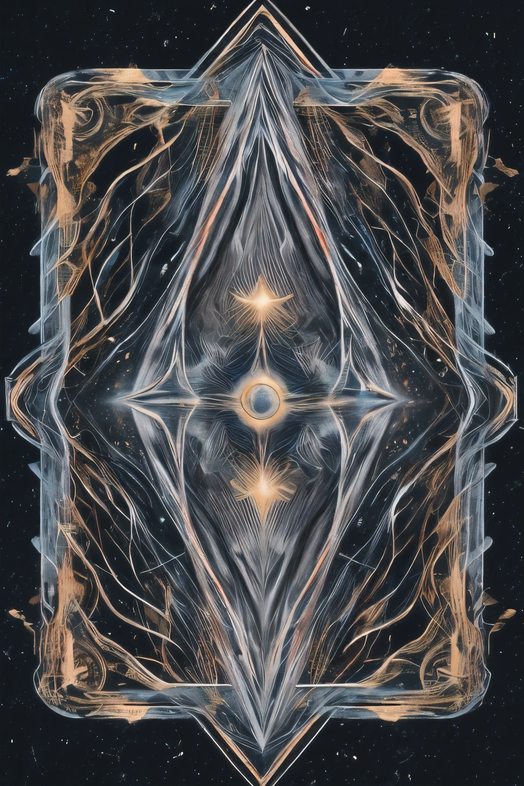 in the style of artfully oracle,geometric abstraction , futurist illusionism, living at the edge of the future digitally geometric and the past fantasy spirit world,
masterpiece,liquid graphite,watercolor,ink fineliners,markers,hand drawn illustration,pastels,custome oracle deck of cards showing one old card for divination,best quality absurd resolution unreal engine 5,uhd,