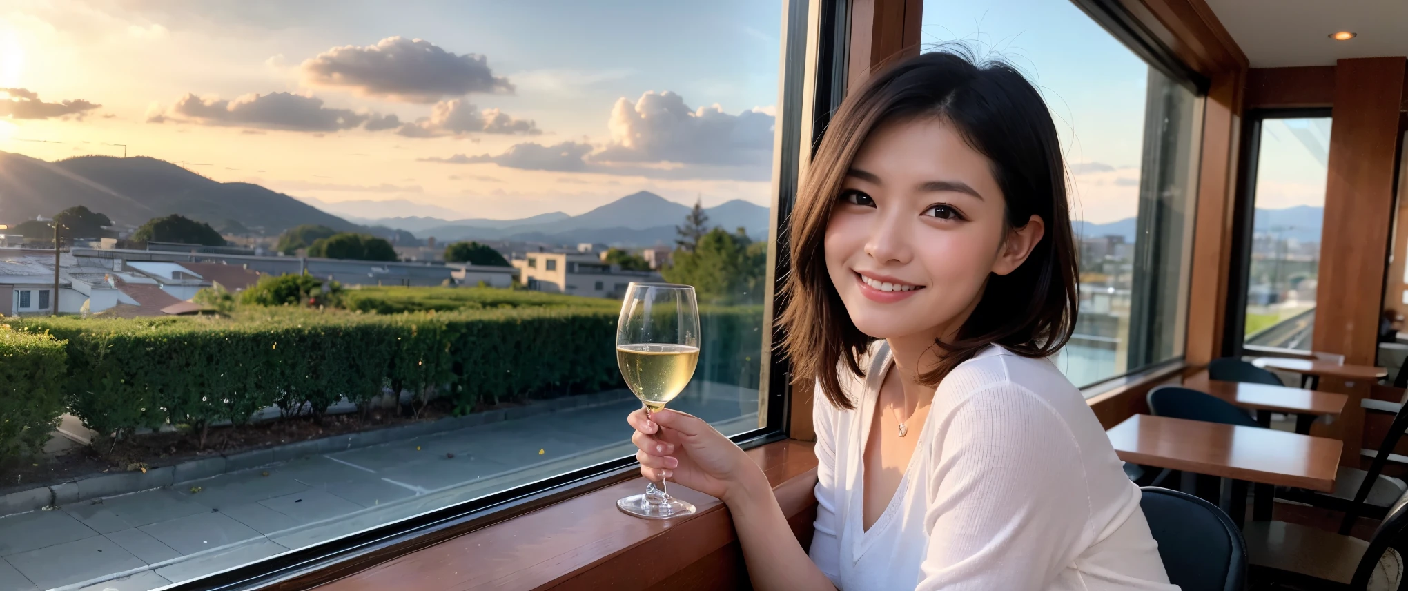 ((highest quality、8k、masterpiece:1.3))、Sharp focus:1.2、Beautiful woman perfect body:1.4、slimなボディ、((Bob Hale、Straight hair:1.2))、(to be born, highest quality, masterpiece:1.5), (Realistic, Intricate details:1.2), Ultra-high resolution, Amazing view of the sunset sky and clouds、Amazing mountain views、ニコニコ明るいsmile、smileの素敵な女性、Bright image、2. The beauty of wine, Beautiful Face, blue eyes, The light shines on your face, Blushing, short hair,Bright Face、Fox face、 (36 years old), 39 years old, Lady、red wine 、Appetizers、Italian food、Wine bottle、Champagne、sparkling wine、Two beauties、Brown Hair、Shortcuts、Long sleeve shirt、dress、Pretty Woman 1, (slimな顔), (The body is slim), (Brown Hair), (Shortcuts), cheeks turn a little red,Attractive beauty、, Out of the window, A beautiful and detailed night view unfolds.........., restaurant, In a prominent place (From the waist up) Nova Frog Style, actress, model, Upper Body, White wine, slim, wine glass, 真ん中に置かれたwine glass, smile, (smile: 1.15), Beautiful fine grain, Depth f/2,saturation, High Contrast, Strong light and shadow,Moist Body:1.5、3D texture、Delicate eyes、Brown Hair、The hair is very shiny、