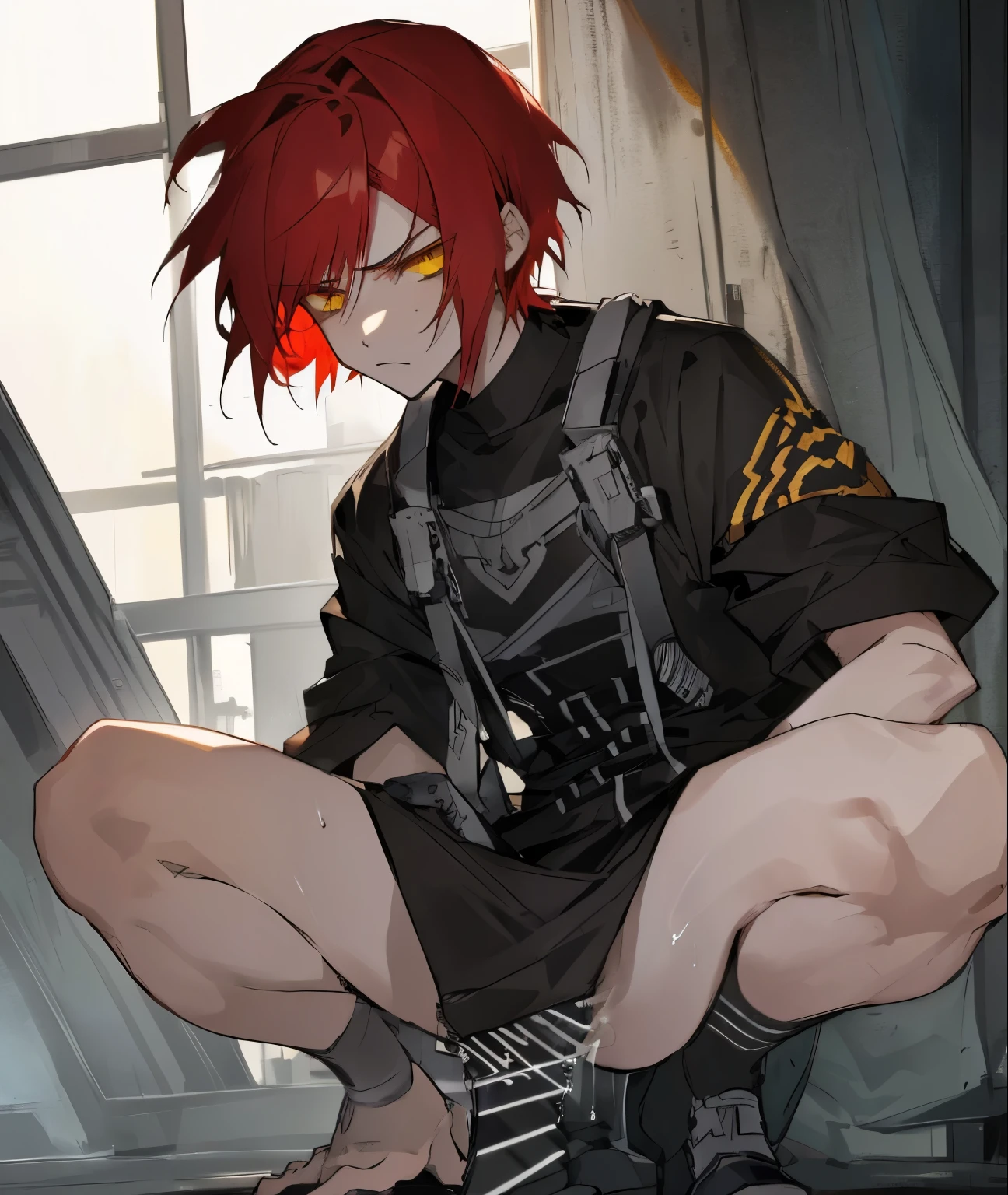 Red hair, yellow eyes, anime boy, pale skin, male character, intimidating, intense stare, bad ass, short hair. 