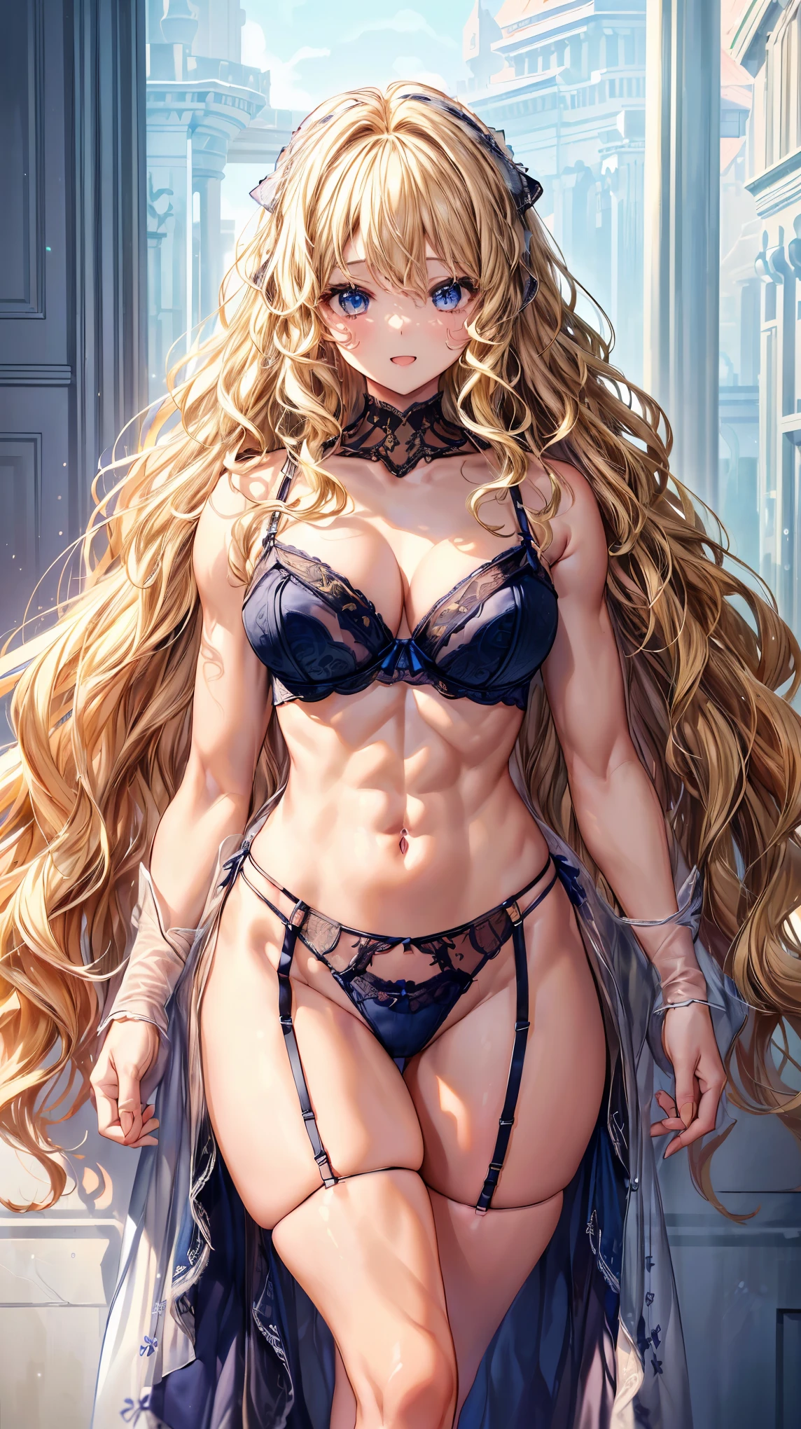 (Adult women:1.5)、Very detailed、highest quality、Best image quality、masterpiece、8k、Anime Face、A kind smile、(Open your mouth:1.3)、Sparkling blue eyes、(Blonde Wavy Hair:1.5)、、Muscles of the whole body、(High leg:1.5)、Thigh belt、(Wearing lingerie:1.5)、(Cowboy Shot:1.5)、SFW Giant