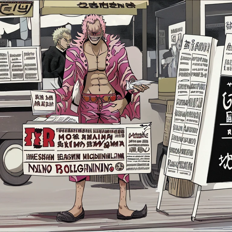 Doflamingo selling newspapers at a food stall