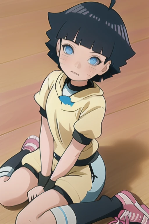 1girl, himawari Uzumaki\(Boruto \), gym uniform, buruma, kneehighs, sneakers, wariza, from above, wooden floor, blush, glaring, depth of field, masterpiece