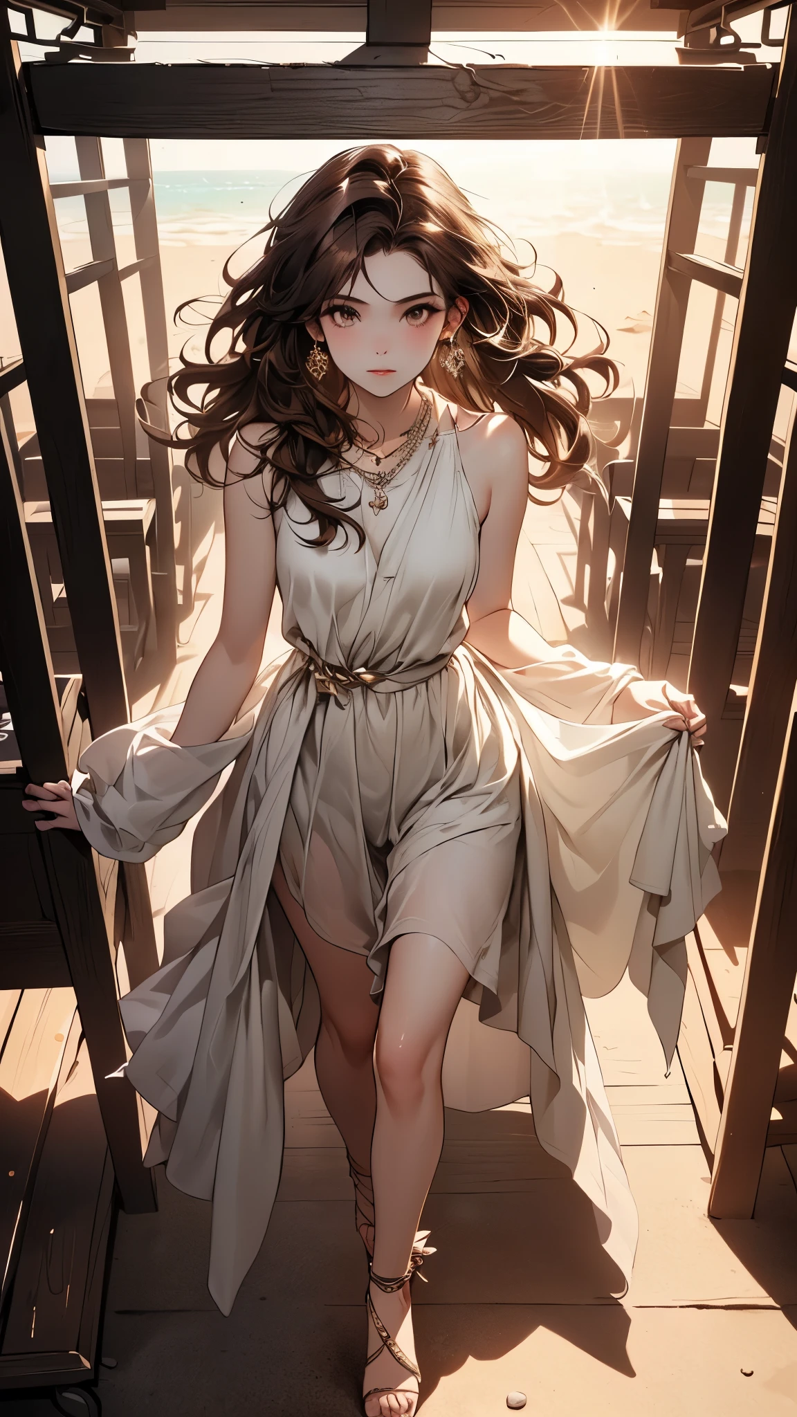 ((Biologically correct limb count))、((Full Body Shot, Full-body photo including face))、4K、masterpiece、((Focus on the face))、((Symmetrical facial features))、Eyes of meticulous depiction、Beautiful woman、Excellent style、Beautiful feet、(High heels)、Facial detailing、Small earrings、necklace、(Sleeveless、Box Pleated Cart)、Walking on the beach in the evening、Brown Hair、Shortcuts、Walking posture、High angle、((Backlight))