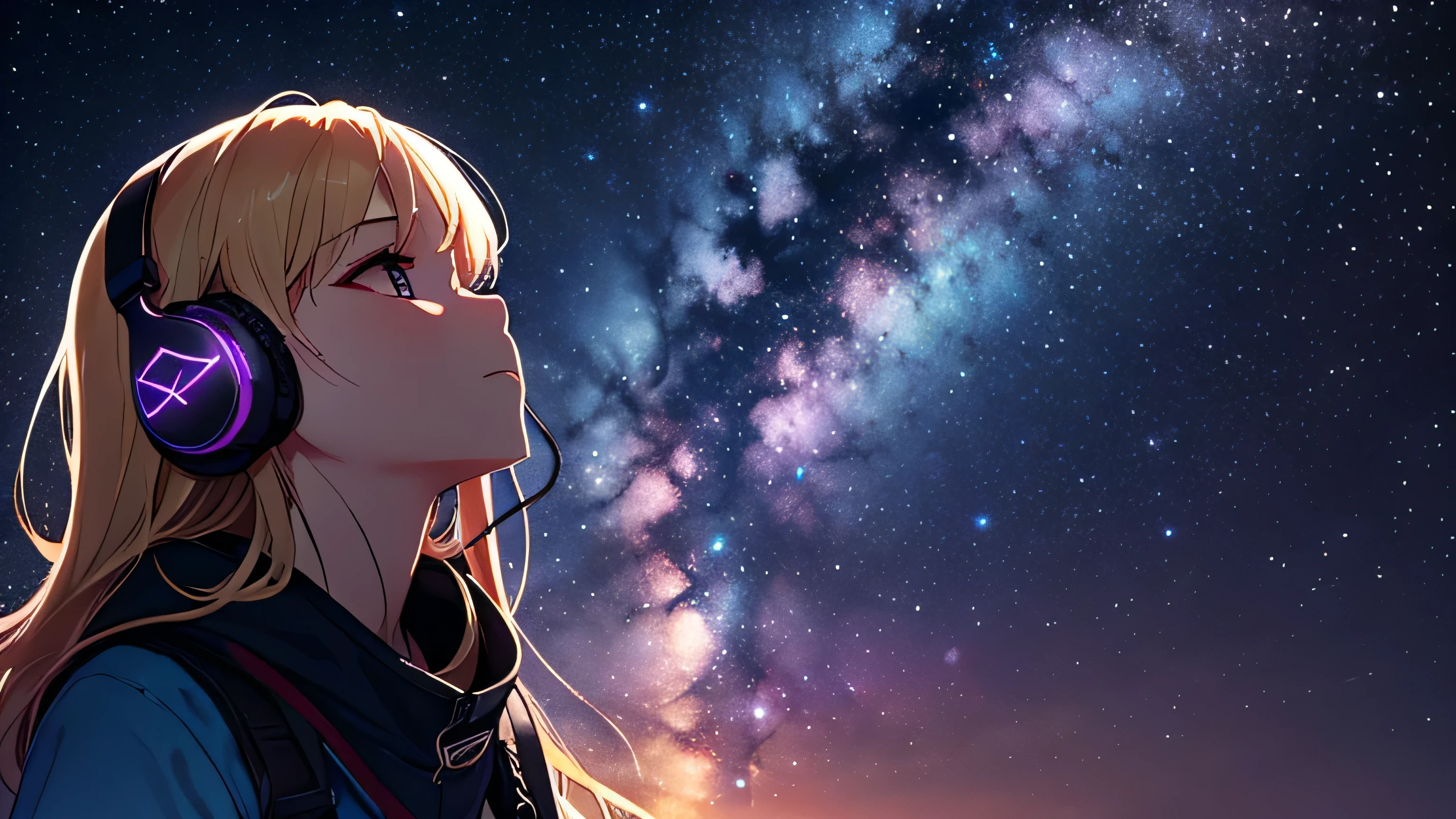 A girl wearing headphones、Looking up at the night sky with the vast purple-blue Milky Way galaxy visible beyond the horizon。.. Shots from a distance. Cinematic. Wide-angle. 4K.