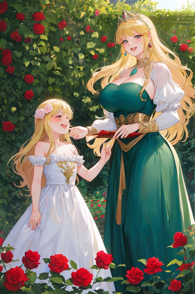 A woman with big ，Gorgeous woman，((Exposing the princess))，Expose，(Middle-aged woman)，((30 years old))，Gorgeous Rococo dress，Long blond hair，Exquisite，rose Garden，Laughter，