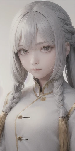 highest quality, masterpiece,Gray Hair, Golden Eyes,White clothes, look up, Upper Body,hair,Fair skin,Side braid