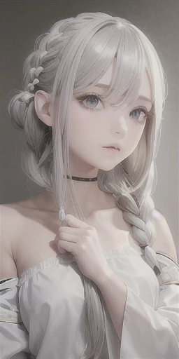 highest quality, masterpiece,Gray Hair, Golden Eyes,White clothes, look up, Upper Body,hair,Fair skin,Side braid
