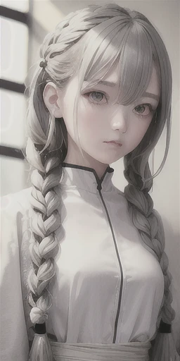 highest quality, masterpiece,Gray Hair, Golden Eyes,White clothes, look up, Upper Body,hair,Fair skin,Side braid