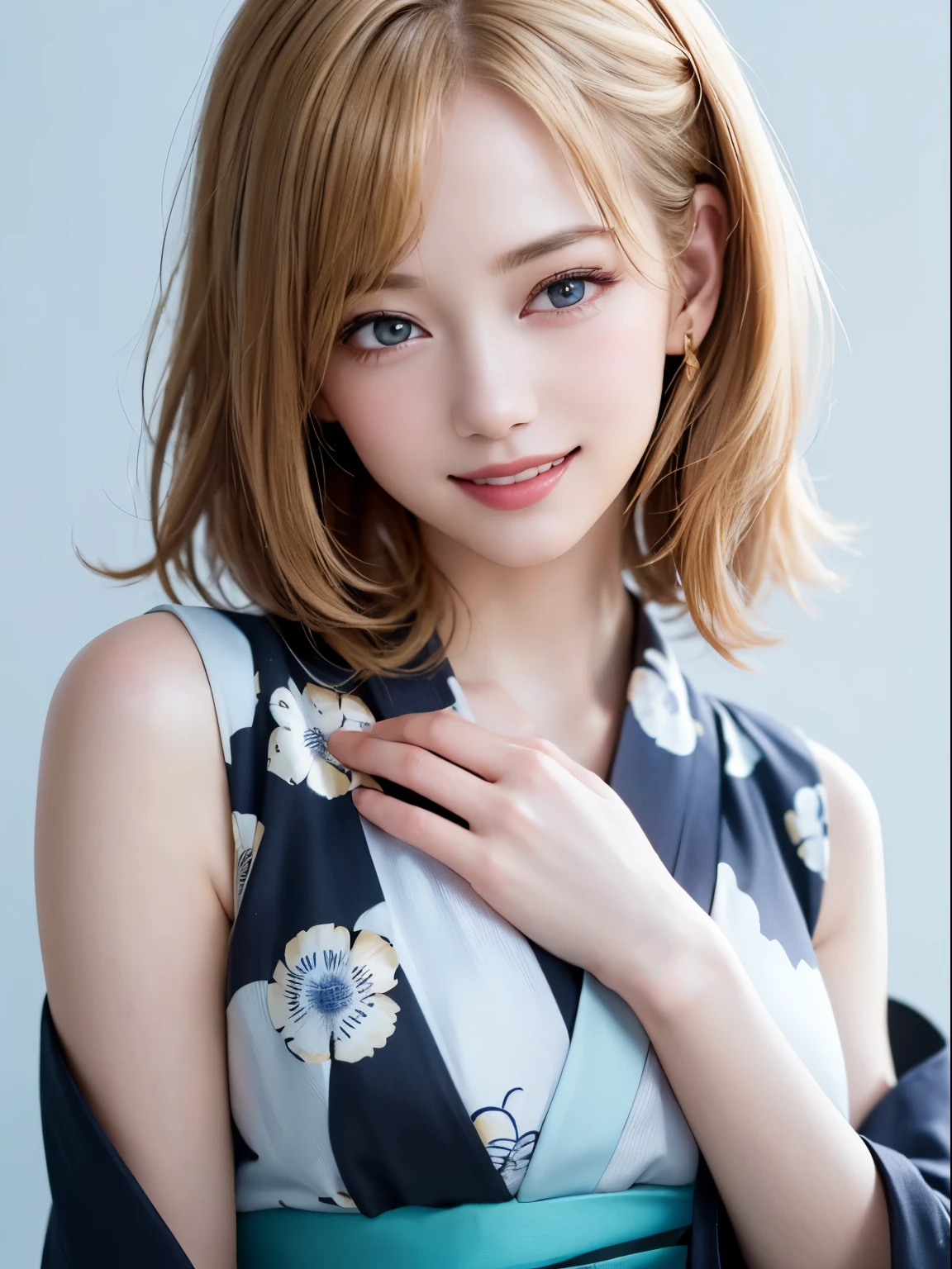 (highest quality、8k、32k、masterpiece)、(RAW Photos)、(Realisticな)、(High resolution)、Very detailedな、Very beautiful face and eyes、One Girl、Round and small face、Delicate body、(close、highest quality、Rich skin detail、highest quality、8k)、Very detailed、(Realistic、Realistic:1.37)、Vibrant colors、(((Laughter)))、(((Golden Hair)))、(((I touch my chest with my right hand)))、(((Smiling)))、(((Bust Shot)))、(((White Background)))、((Medium Hair))、(((Pure white wall background)))、(((Blonde)))、(((She is wearing a yukata with a pop design.)))、(((Black and light blue yukata)))、(((Pure white wall background)))、