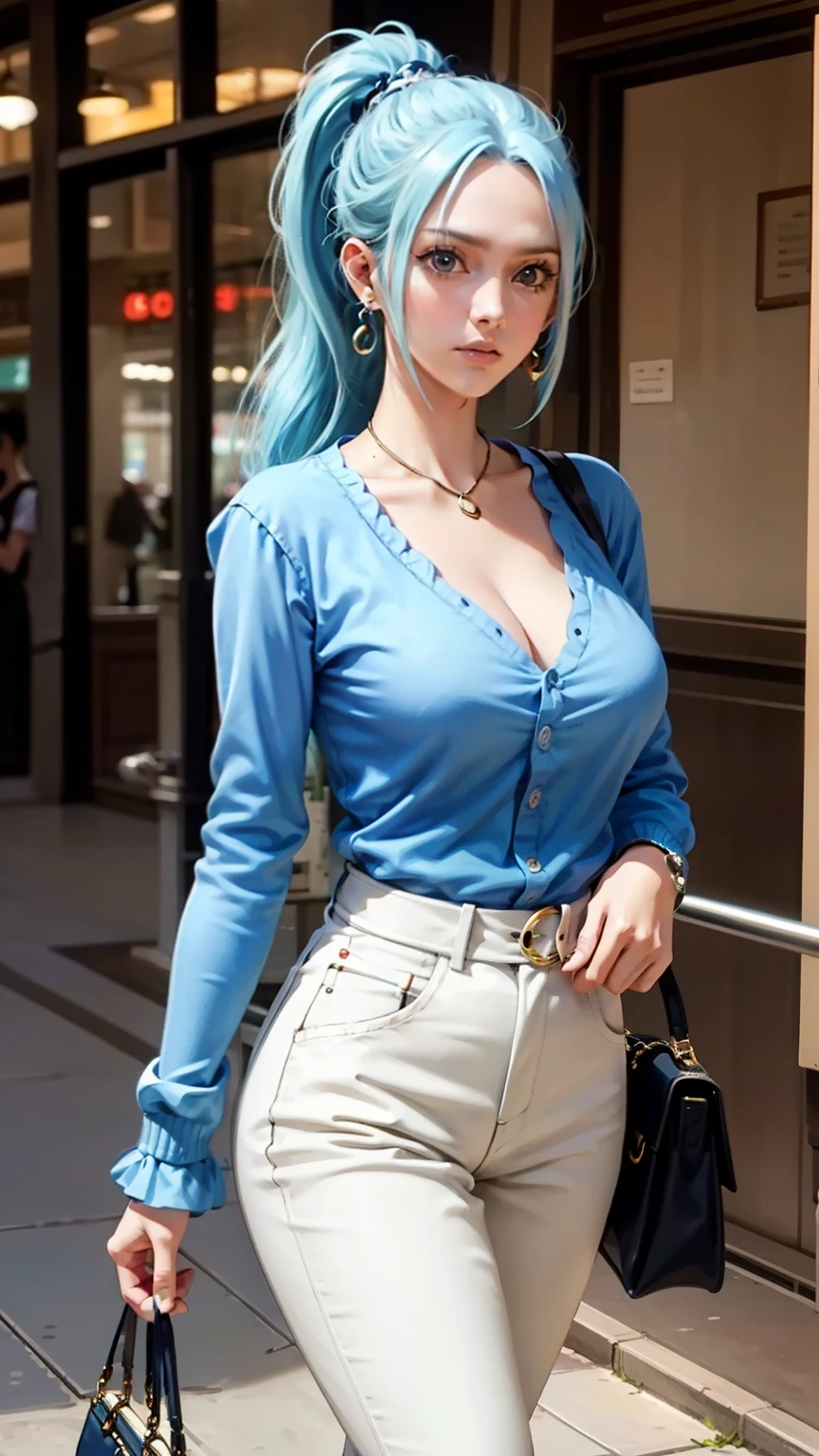 vivi from anime one piece, long hair, light blue hair, ponytail hair, perfect body, perfect breasts, beautiful woman, very beautiful, wearing a blue over sized shirt, wearing a blue cardigan, white pants, wearing a handbag, wearing a watch , wearing earrings, being in a mall, Realism, masterpiece, textured skin, super detail, high detail, high quality, best quality, 1080P, HD, 16k