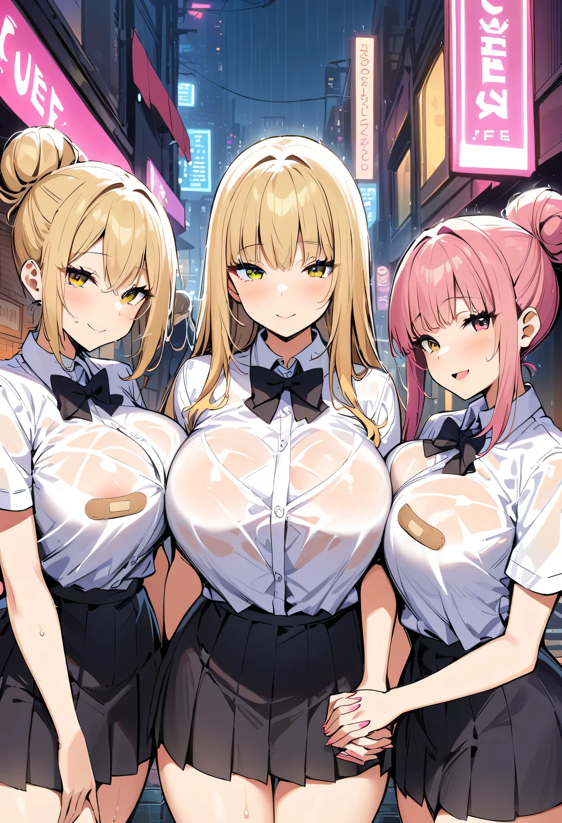 raining, wet clothes,see-through clothes,Transparent clothes,bandaids on nipples,Cyberpunk City, Street, Night, neon light, neon sign, masterpiece, best quality, highres, JK,huge tit,3girls,black bow,black bowtie,blonde hair,bow,bowtie,breasts,hair bun,holding hands,interlocked fingers,long hair,looking at viewer,multiple girls,pink hair,pleated skirt,shirt tucked in,short hair,skirt,smile,tented shirt,cafe