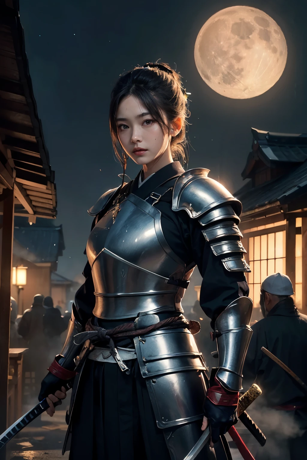 samurai,Brandishing a large sword,Beautiful woman in armor,pocket,Dripping Sweat,night,Houses burn,Staring at the audience,Big full moon