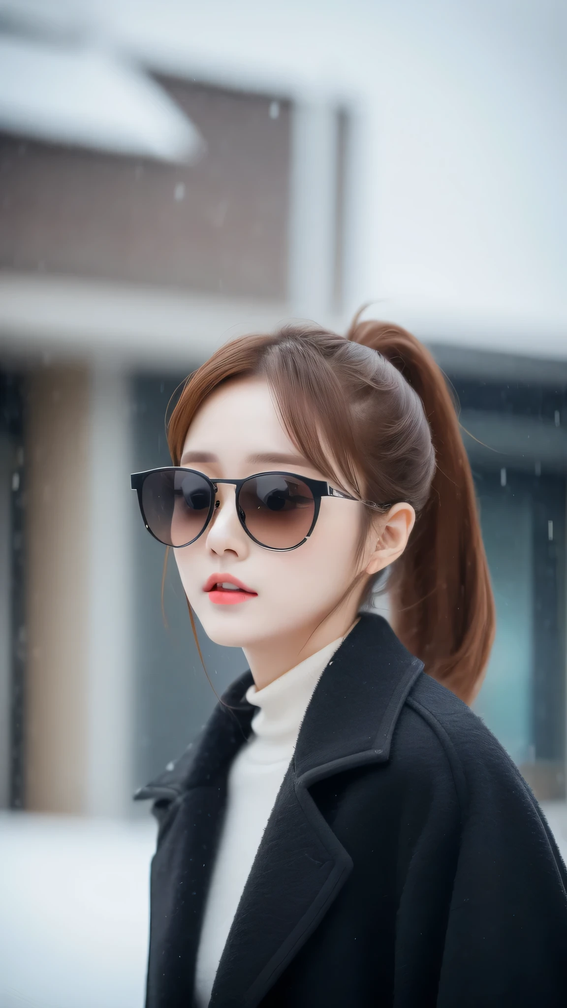 realistic photos of 1 cute Korean star, light brown hair, short ponytail, white skin, thin makeup, 32 inch breasts size, wearing black coat, sunglasses, raining, the store is backdrop, upper body portrait, UHD