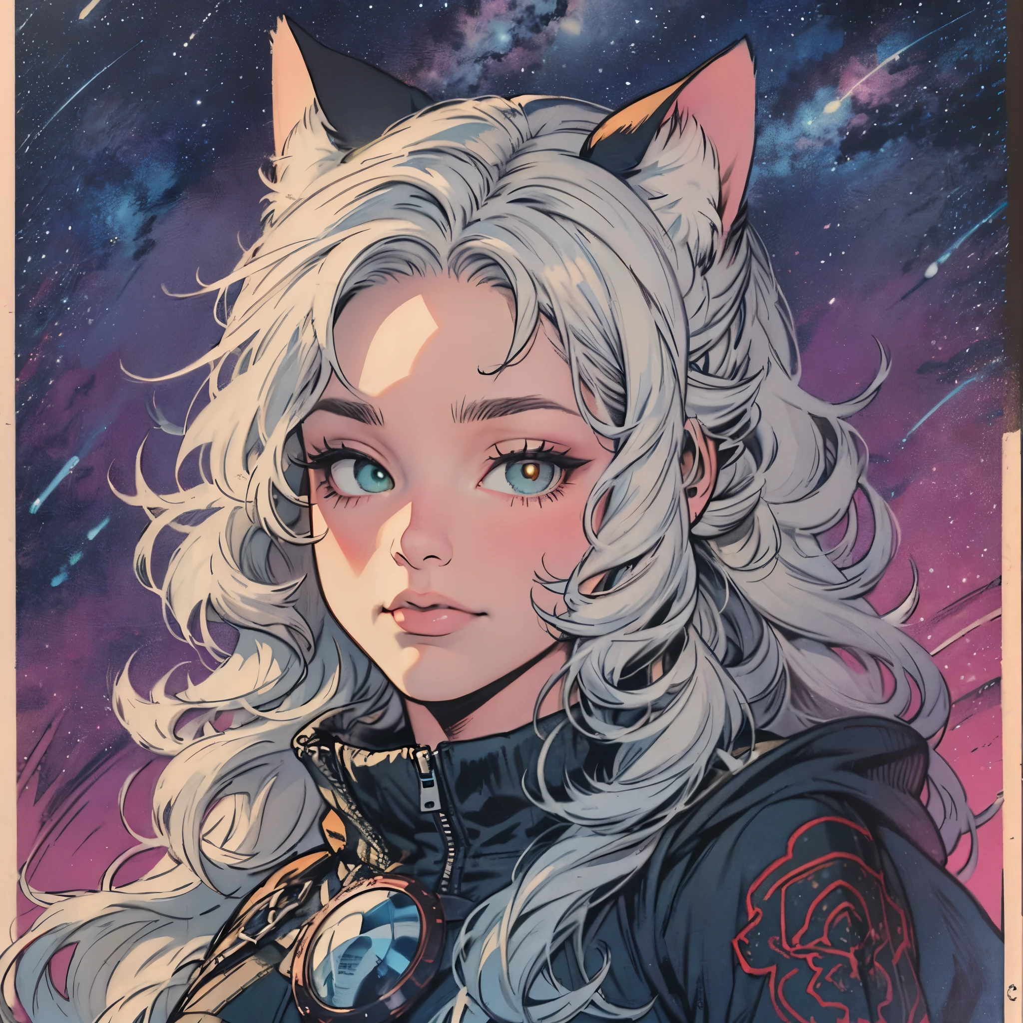 ultimate best quality,beautiful woman,speech bubble,big brest,60s,70s,80s,colorful,((Heterochromia)),various angle,beautiful starry sky,CAT